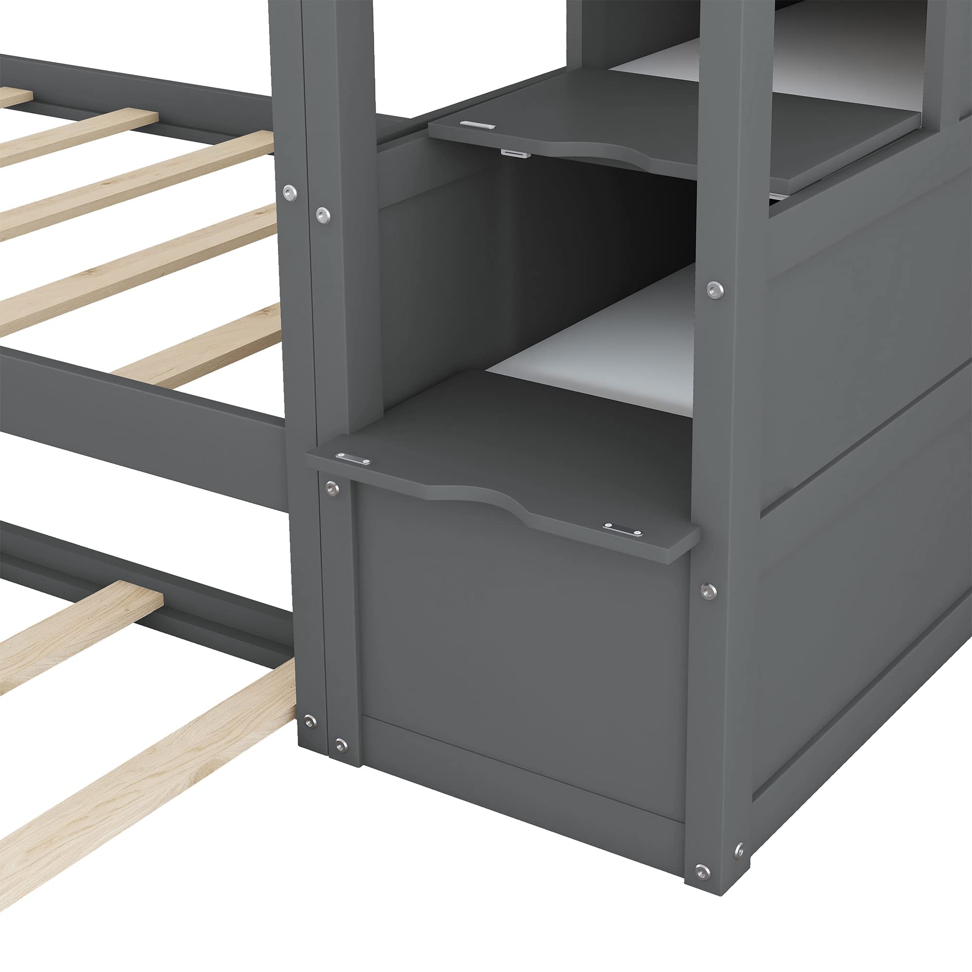 Wooden Twin Bunk Bed with Stairs & Storage Drawers - Space-Saving Kids Bunk Bed with Pull-Out Trundle for Boys & Girls (Grey) - Perfect for Small Bedrooms, Shared Kids Rooms & Sleepovers