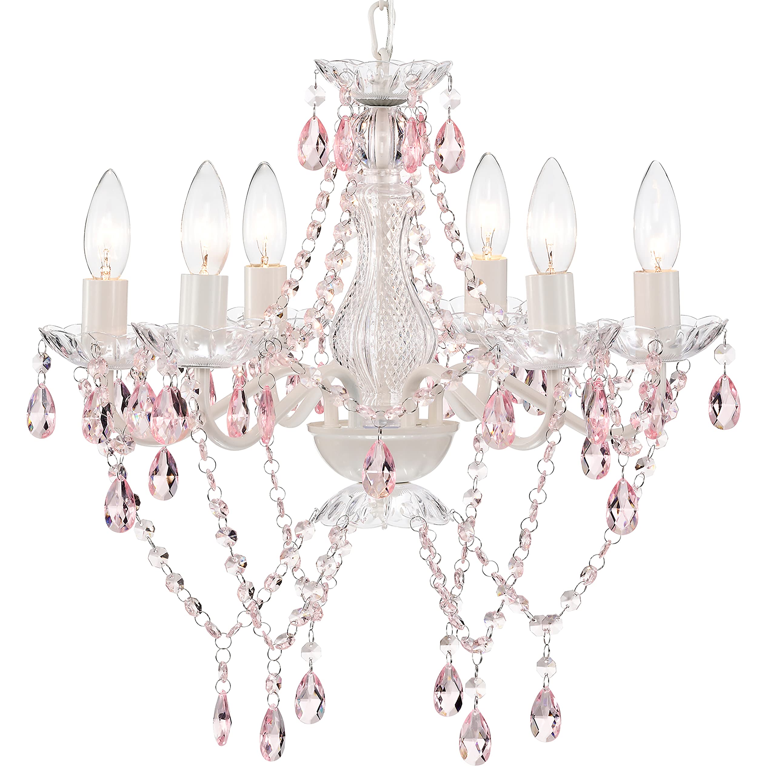 Elegant Pink Crystal Chandelier Lighting Fixture - 6-Light Candle Style Ceiling Light for Bedroom, Dining Room & Living Room Decor | Mr.Color White Chandeliers Collection