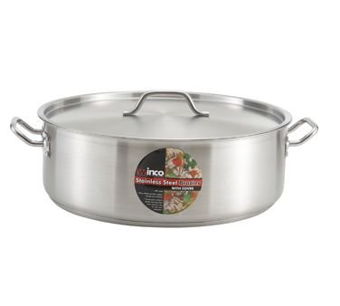 Winco SSLB-30 30 Quart Stainless Steel Brazier Pan with Lid - Induction Compatible Cookware for Restaurants, Catering & Outdoor Cooking