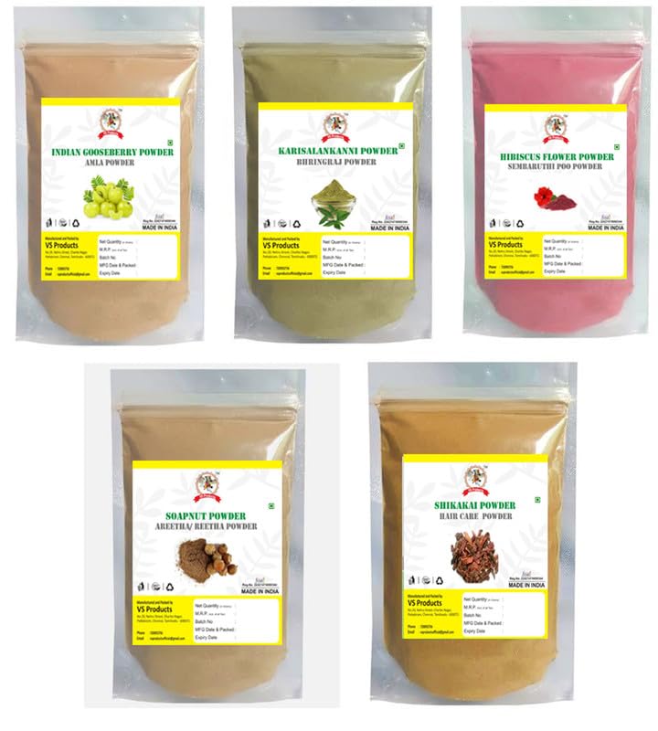 VS Products Organic Hair Care Combo Pack - Dried Amla Powder, Reetha Powder, Bhringraj Powder, Shikakai Powder & Hibiscus Powder (500g) | Natural Ayurvedic Hair Treatment for Growth, Shine & Scalp Health | DIY Hair Masks & Herbal Hair Wash