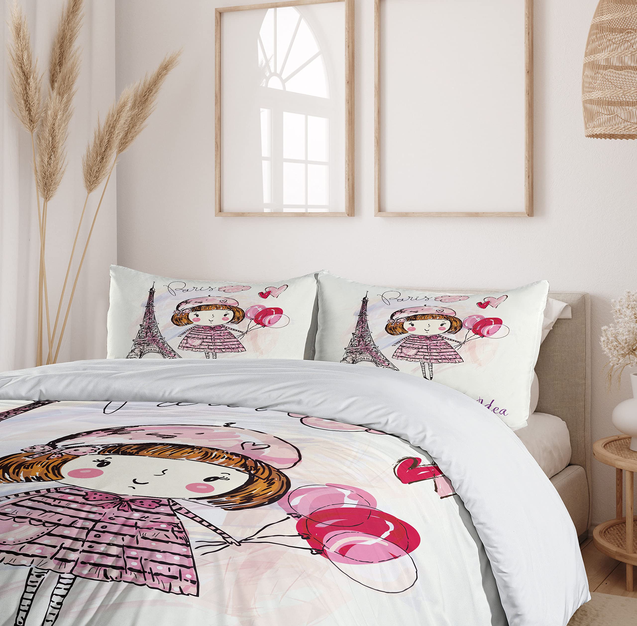 Ambesonne Paris Twin Size Duvet Cover Set - Little Girl Holding Balloons with Hearts, Clouds & Eiffel Tower Illustration - 2 Piece Bedding Set with Pillow Sham in Pale Pink, Purple & White | Perfect for Girls' Bedroom, Nursery Decor & Paris-Themed Room