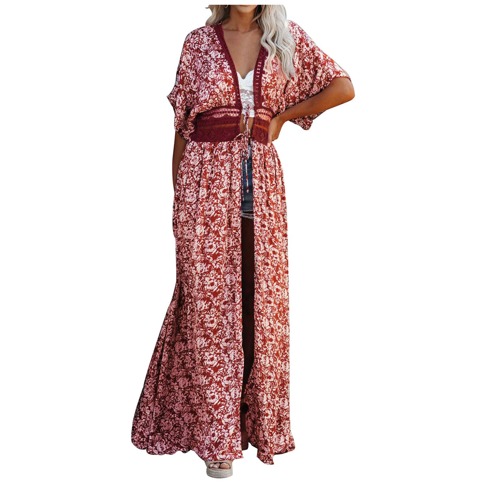 Women's Casual Kimono Cardigan Blouse - Short Sleeve Printed Boho Top with Polka Dots & Halter Neckline (Red) | Perfect for Business Casual, Club Wear & Summer Outfits