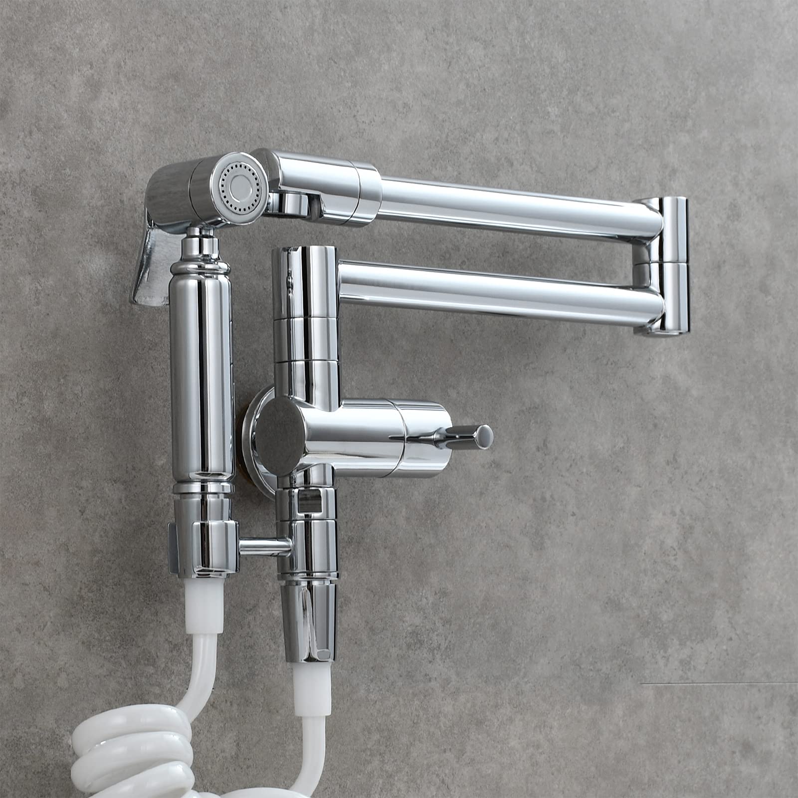Biveah 360° Rotating Brass Wall Mounted Kitchen Sink Faucet with Sprayer - Chrome Finish Pot Filler Tap for Easy Cooking & Filling Large Pots (Model KLB001C) | Perfect for Home Chefs & Commercial Kitchens