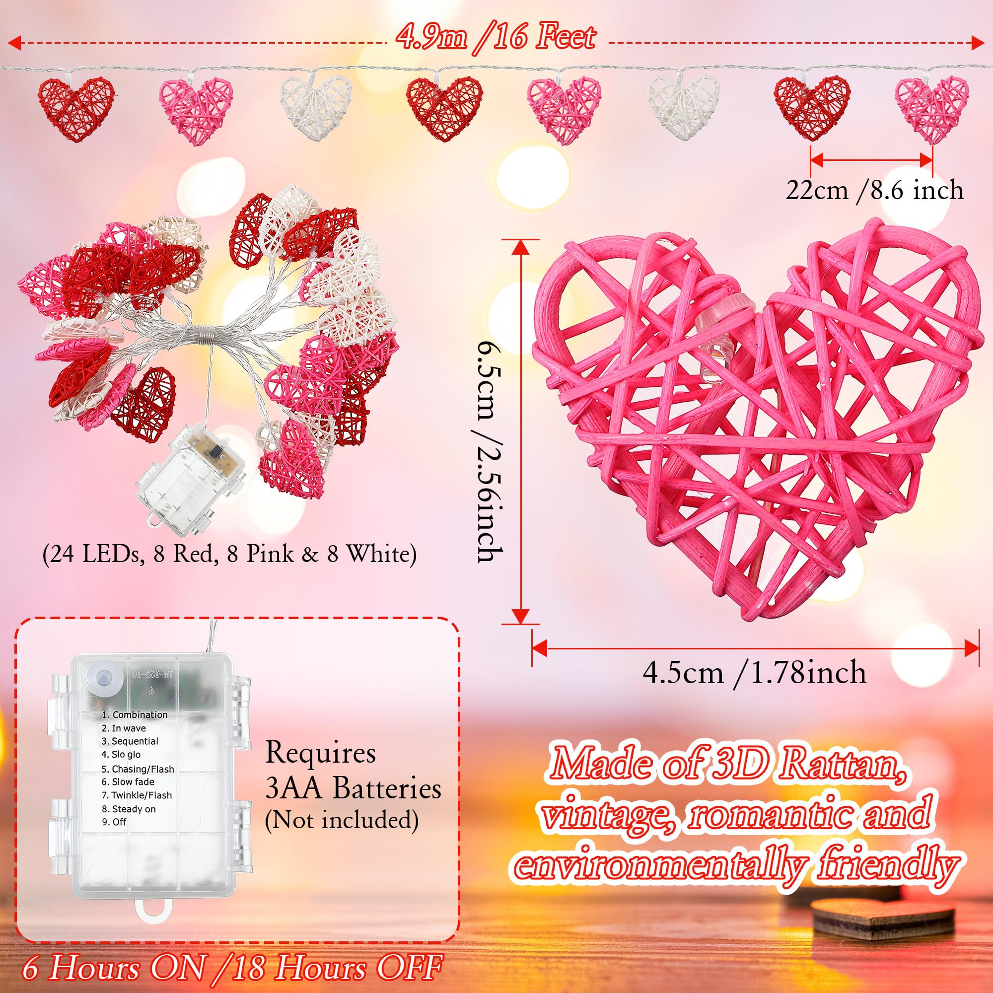 Hiboom Valentine's Day Heart String Lights - 16ft 24 LED Battery Operated Rattan Heart Lights for Wedding, Party, Home Decor (Red, Pink, White) | Romantic Indoor Outdoor Lighting for Bedroom, Garden, Anniversary Celebration