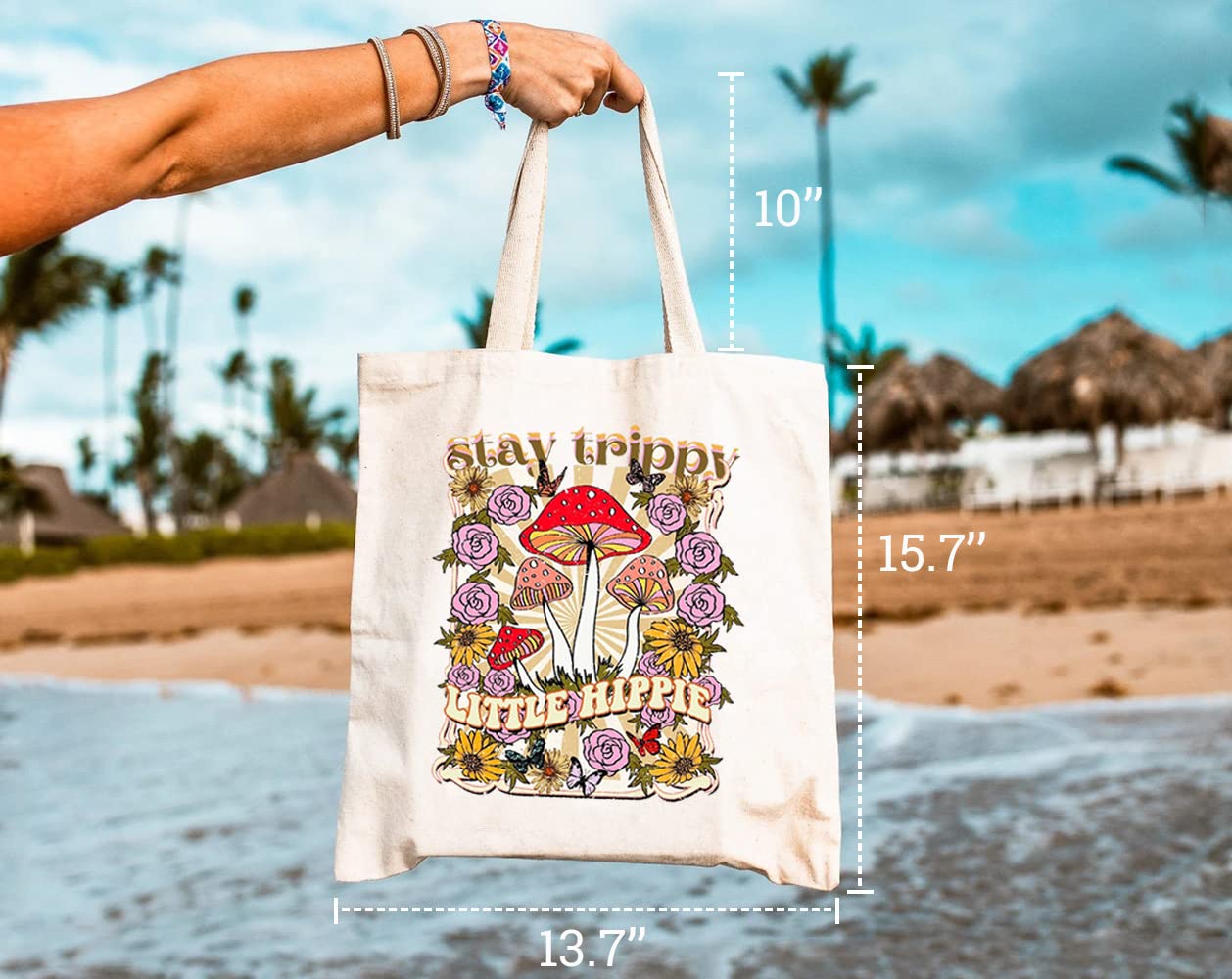 Stay Trippy Little Hippie Canvas Tote Bag - Eco-Friendly Reusable Grocery Shoulder Bag with Bohemian Flower & Mushroom Design for Women | Perfect for Shopping, Beach Trips & Festival Fashion
