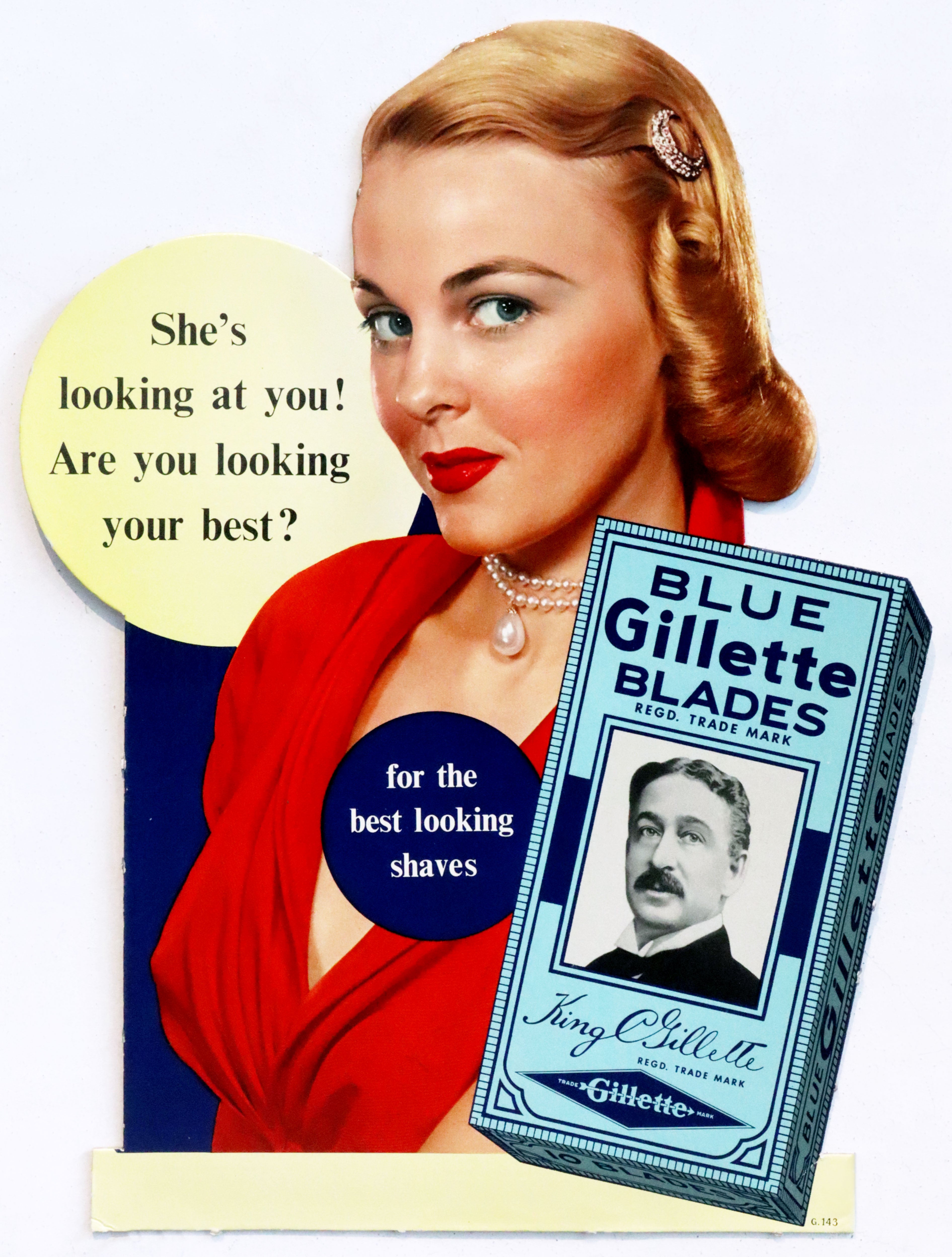 Vintage 1940s Gillette Razor Blade Advertisement - Retro Point of Sale Cardboard Display for Blue Gillette Blades - Perfect for Barber Shop Decor, Man Cave Collectibles & Vintage Advertising Displays