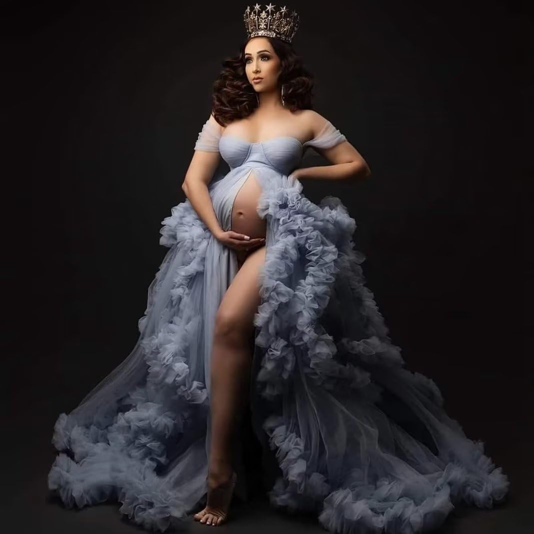 Elegant Maternity Photoshoot Dress - Off Shoulder Tulle Pregnancy Gown for Baby Shower, Bridal Lingerie & Special Occasions | Comfortable Puffy Robe for Expecting Mothers | Perfect for Maternity Photos, Baby Showers and Pregnancy Celebrations