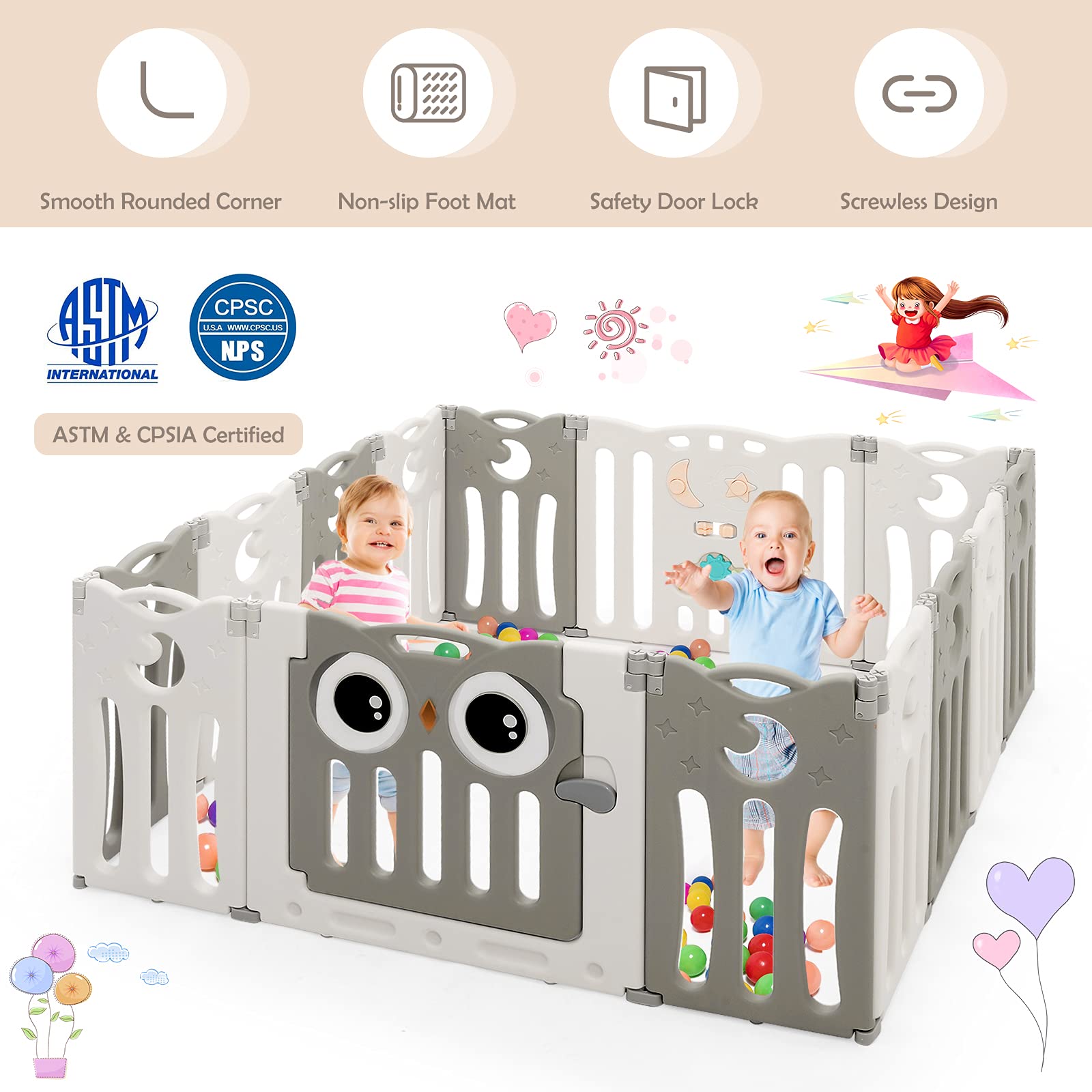 HONEY JOY Baby Playpen - 14 Panel Owl Design Play Yard with Anti-Slip Base & Lockable Door | Indoor Portable Safety Fence for Toddlers & Infants | Perfect for Playrooms, Living Rooms & Daycare Centers (Beige)
