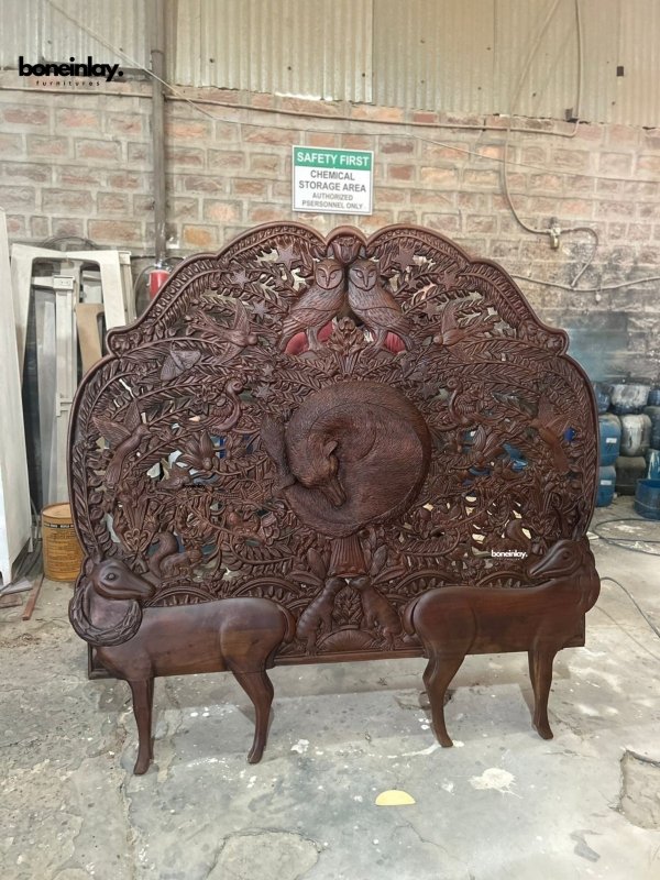 Hand Carved Wooden Deer Design King Size Bed Headboard - Rustic Bedroom Decor for Master Bedroom, Lodge, or Cabin Retreat