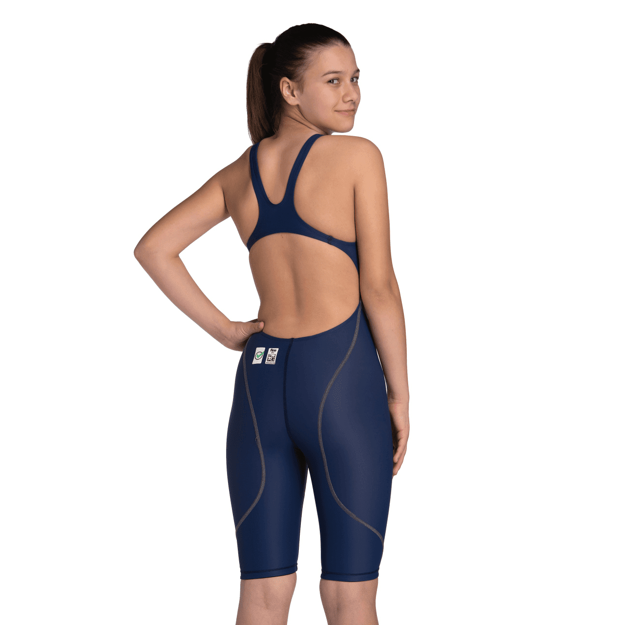 Arena Powerskin ST NEXT Junior Girls Open Back Kneeskin Swimsuit - Navy Blue - Competitive Swimwear for Training & Racing