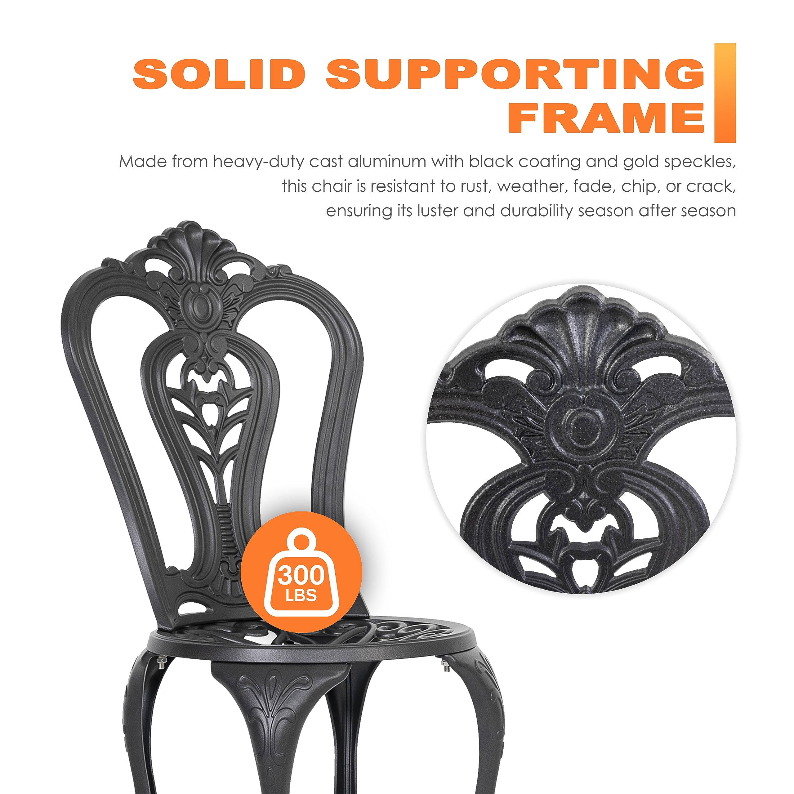 NUU GARDEN 2-Pack Cast Aluminum All-Weather Outdoor Dining Chairs - Patio, Garden, Balcony & Backyard Bistro Seating - Durable Indoor/Outdoor Use for Restaurants, Cafes & Home Decor (Black)