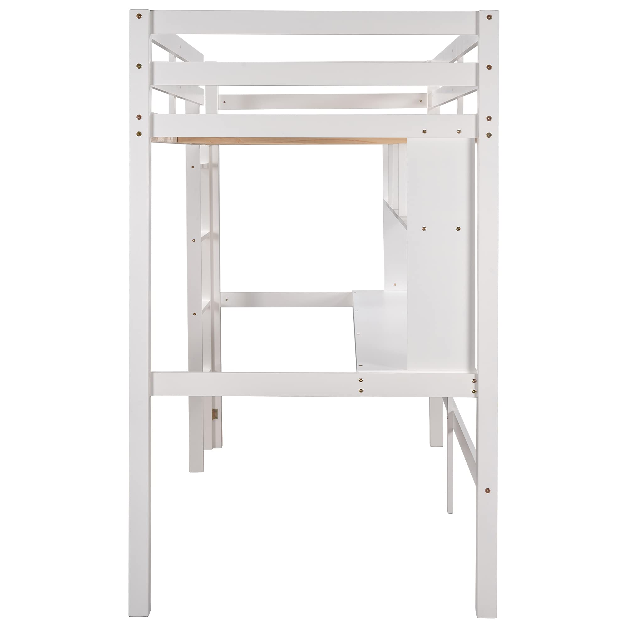 **Wooden Loft Bed Frame with Storage Shelves & Under-Bed Desk - Full-Length Guardrail & Built-in Ladder - Twin Size, White - Perfect for Kids, Teens & Adults - Space-Saving Bedroom, Dorm, or Studio Apartment Solution**