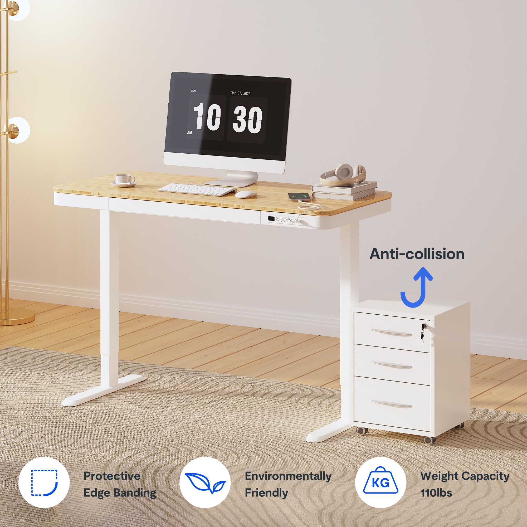 FLEXISPOT Comhar Electric Adjustable Standing Desk with Drawer & USB Charging Ports - Bamboo Texture/White Frame for Home Office & Workspace - Ergonomic Sit Stand Desk for Work, Study & Gaming