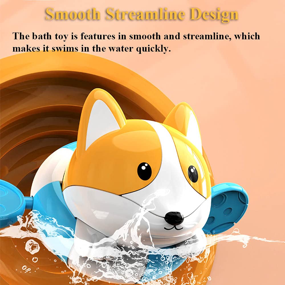 Wind-Up Swimming Corgi Bath Toy - Pull String Floating Puppy Dog Water Toy for Kids | Fun Bathtub & Pool Toy for Boys & Girls (Orange) | Perfect for Toddler Bath Time, Summer Pool Parties & Sensory Play