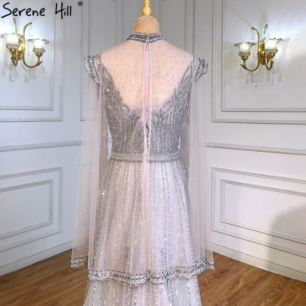 Serene Hill Luxury A-Line Silver Evening Dresses for Women 2025 - Beaded Cape Sleeve Formal Gown for Prom, Gala & Black Tie Events - Style LA71443