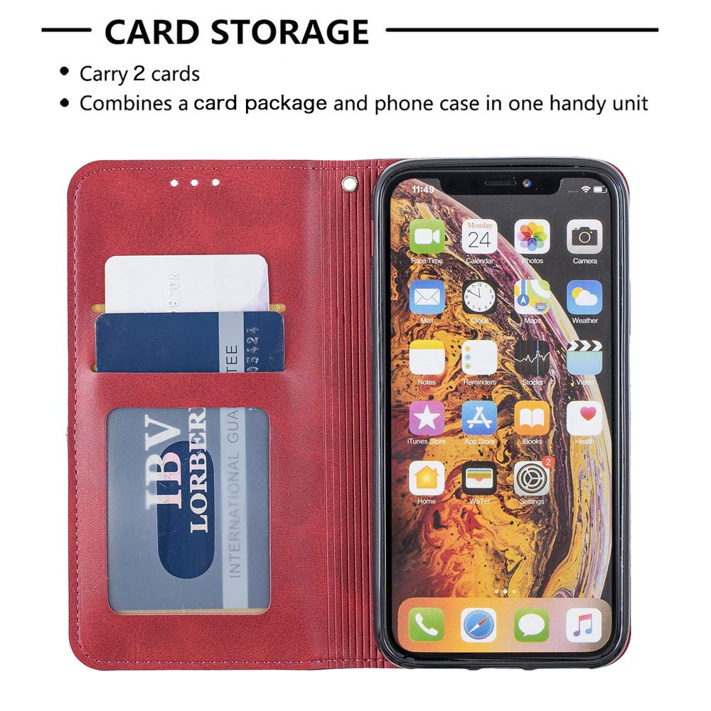 Premium Leather Wallet Case for iPhone X/Xs - Slim Folio Flip Cover with Kickstand, Magnetic Closure & Credit Card Slots (Red) | Perfect for Business, Travel & Everyday Protection