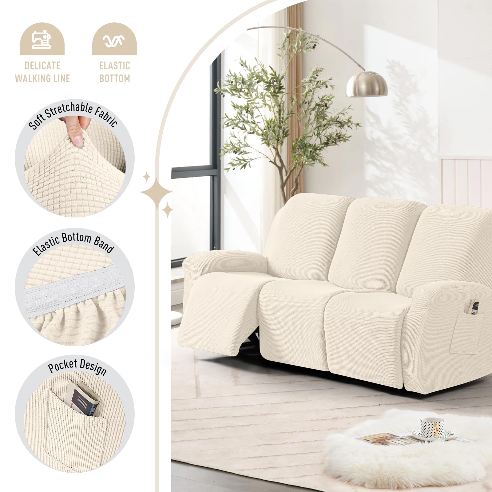 TAOCOCO 8-Piece Stretch Recliner Sofa Cover Set - Soft Jacquard Fabric Slipcover for 3-Seat Reclining Couches, Furniture Protector in Beige | Perfect for Living Room, Home Theater & Family Gatherings