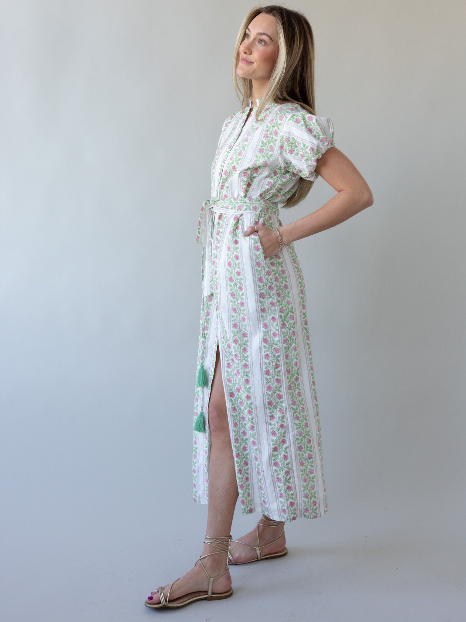 Maison De Frederic Pink Maxi Dress for Women - Elegant Long Flowy Summer Dress with V-Neck & Side Slits - Perfect for Beach, Wedding & Vacation