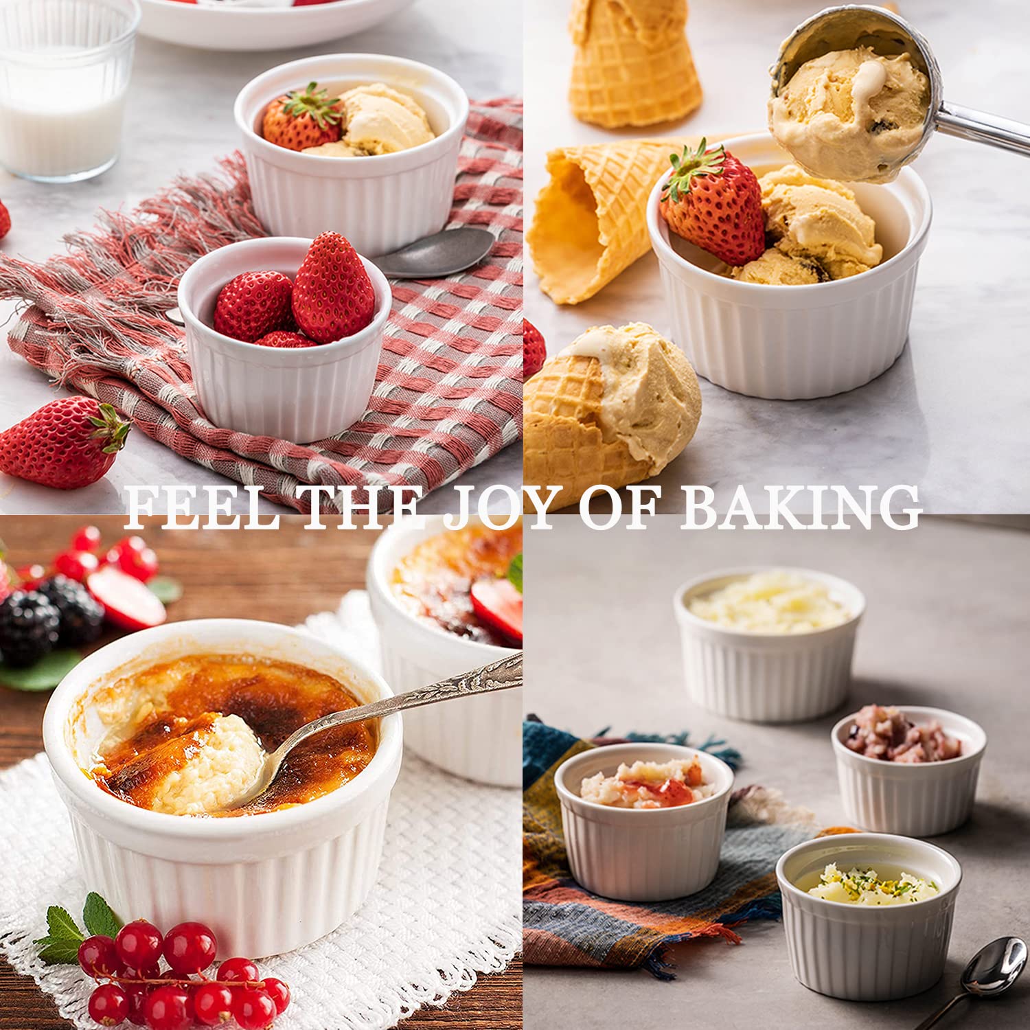 YBCPACK 6-Piece 250ml Porcelain Ramekins Set - Perfect for Baking Souffle, Creme Brulee, Pudding & Ice Cream | Microwave & Oven Safe Dessert Dishes | Ideal for Serving Sauces, Side Dishes & Small Cakes (White)
