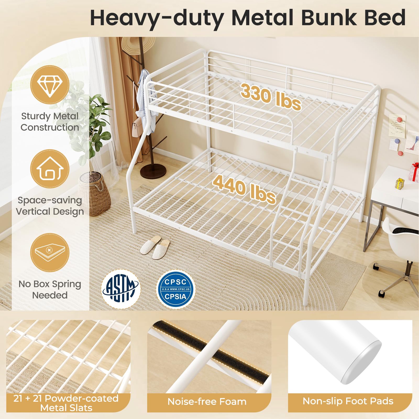 Giantex Heavy Duty Metal Bunk Bed Twin Over Full Size - Sturdy Bunk Bed for Teens & Adults with Ladder & Safety Guardrails - Space Saving Bunk Bed for Dorm, Bedroom, Apartment - No Box Spring Needed (White) - Perfect for Small Spaces & Shared Rooms