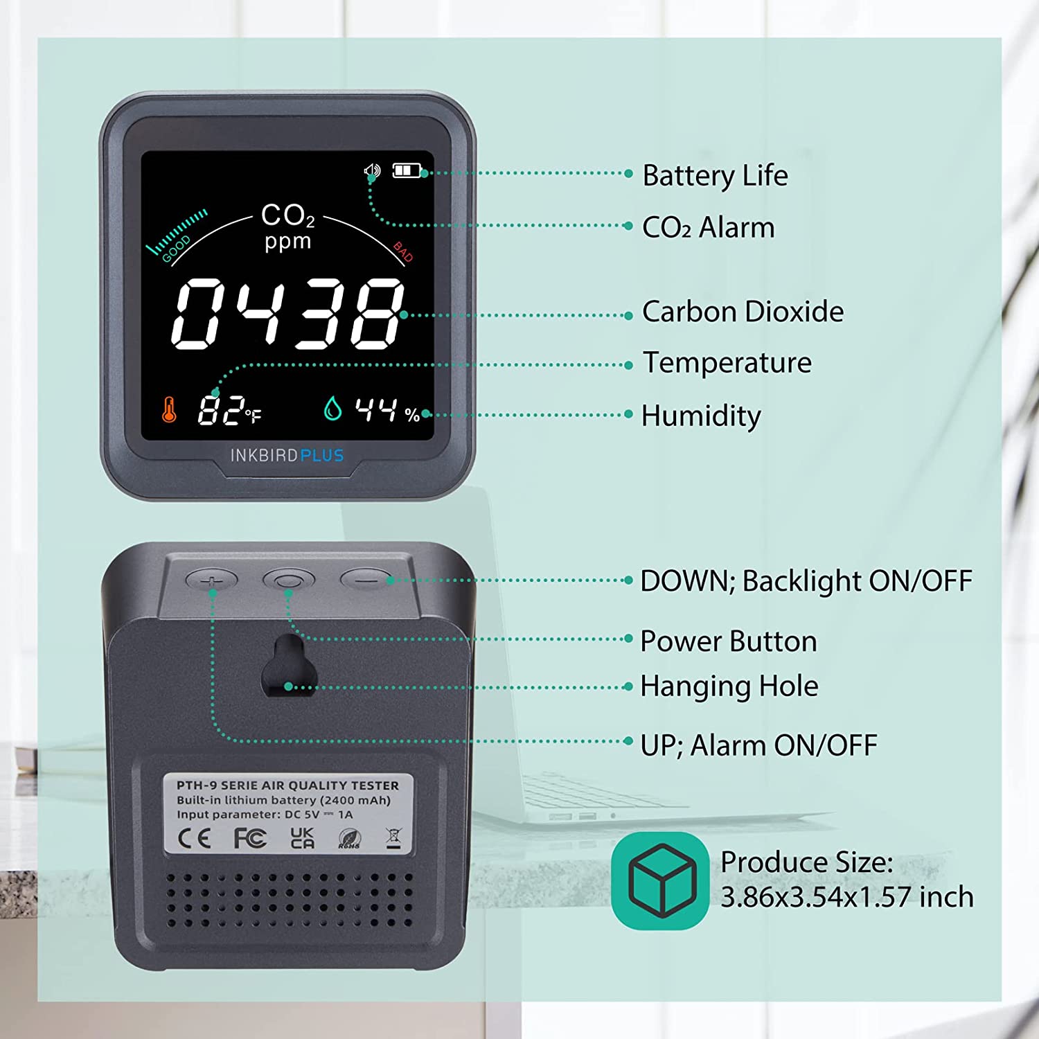 Digital 3-in-1 CO2 Detector PTH 9C - Air Quality Monitor for Home, Office & Indoor Use | Tracks CO2, Temperature & Humidity