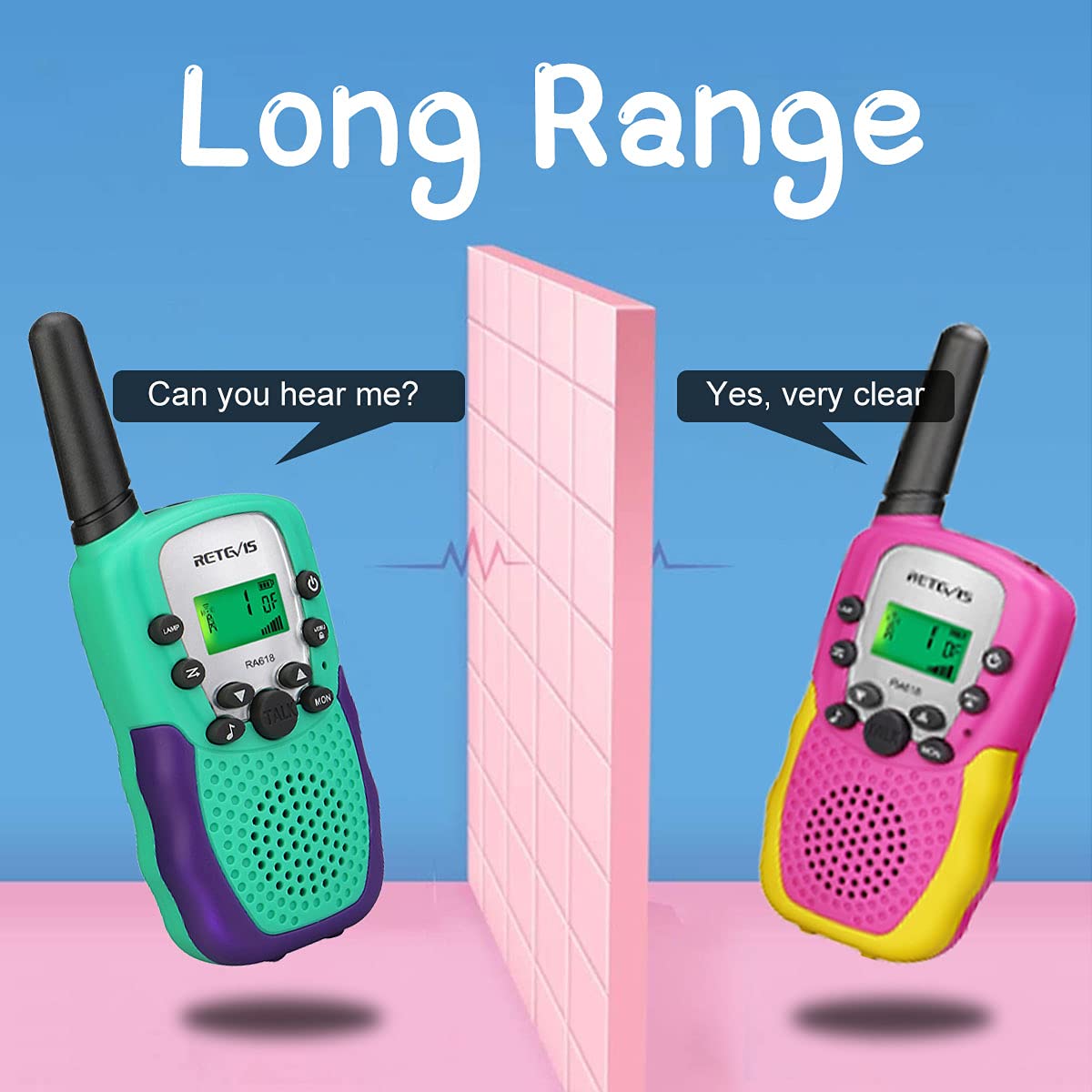Retevis RA18 Kids Walkie Talkies 4 Pack - 22 Channel LCD Flashlight Toy Radios for Boys & Girls Ages 6-12, Long Range Communication for Family Camping, Outdoor Adventures & Birthday Parties (Pink & Green)