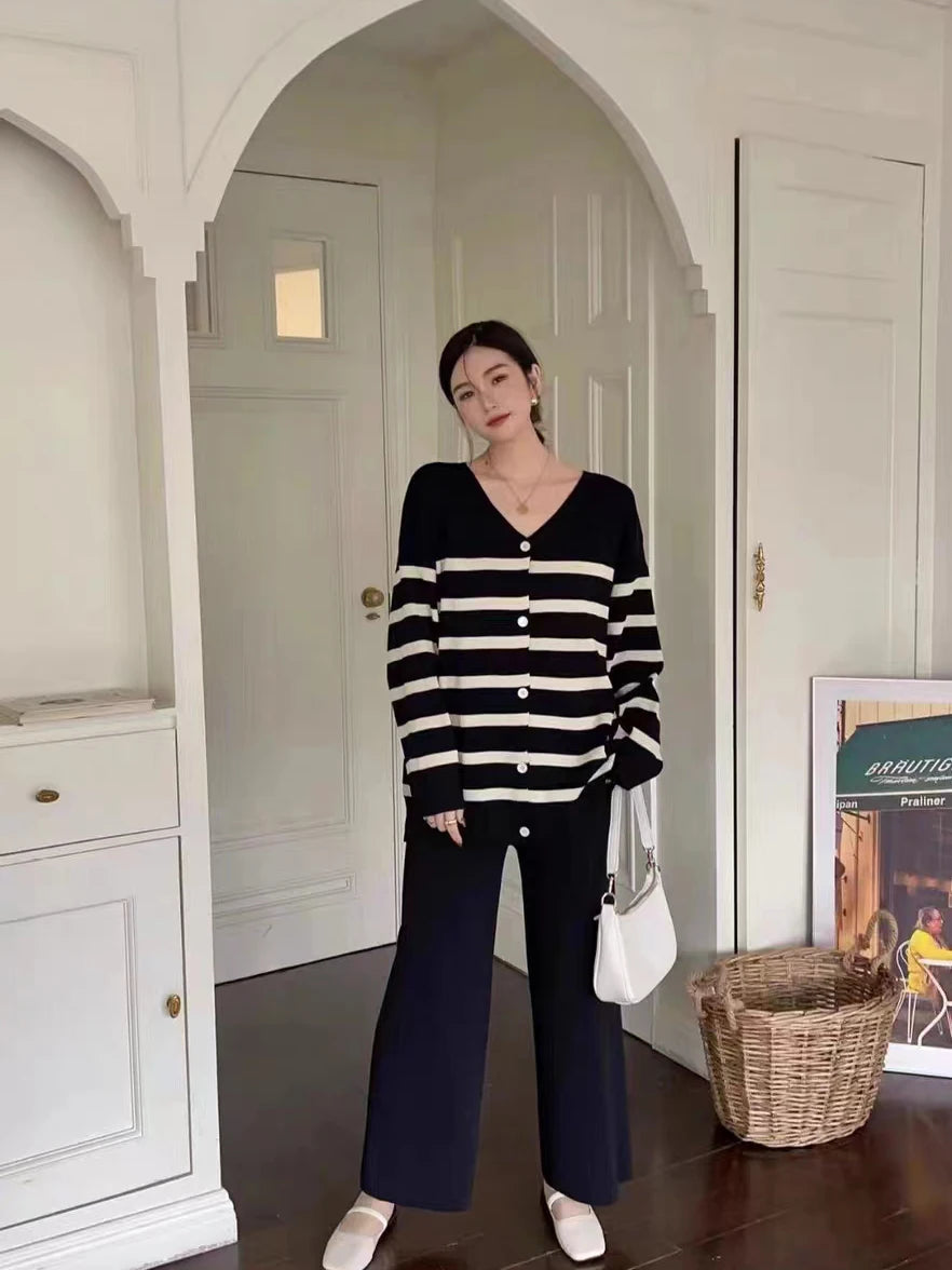 Trendy Autumn/Winter Striped Knit Sweater with Low Neck & Long Sleeves + High Waist Wide Leg Pants Set - Perfect for Casual Outings, Office Wear & Holiday Outfits