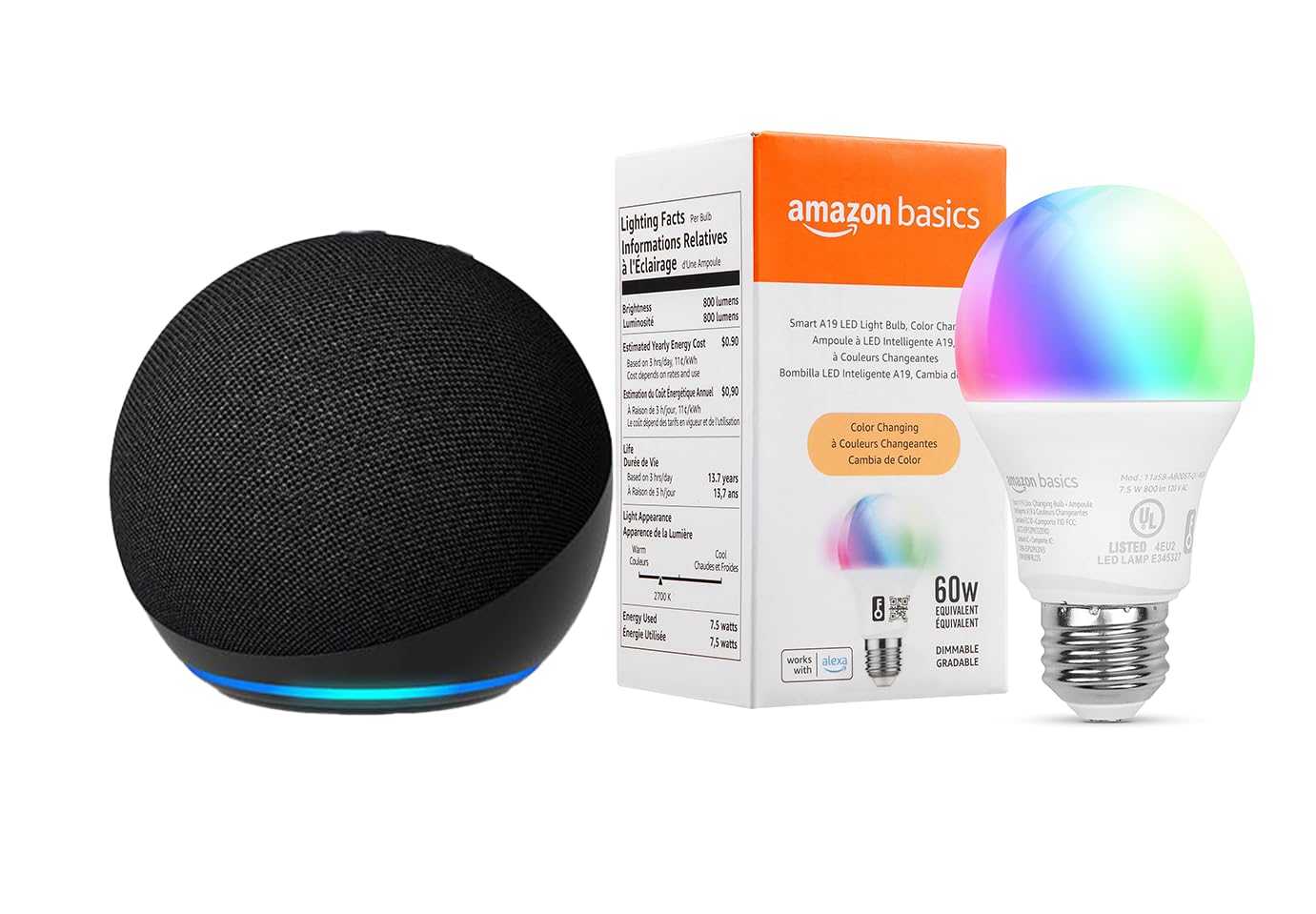 Echo Dot (4th Gen) with Amazon Basics Smart Color Bulb - Smart Speaker & LED Bulb Bundle for Home Automation, Voice Control & Mood Lighting