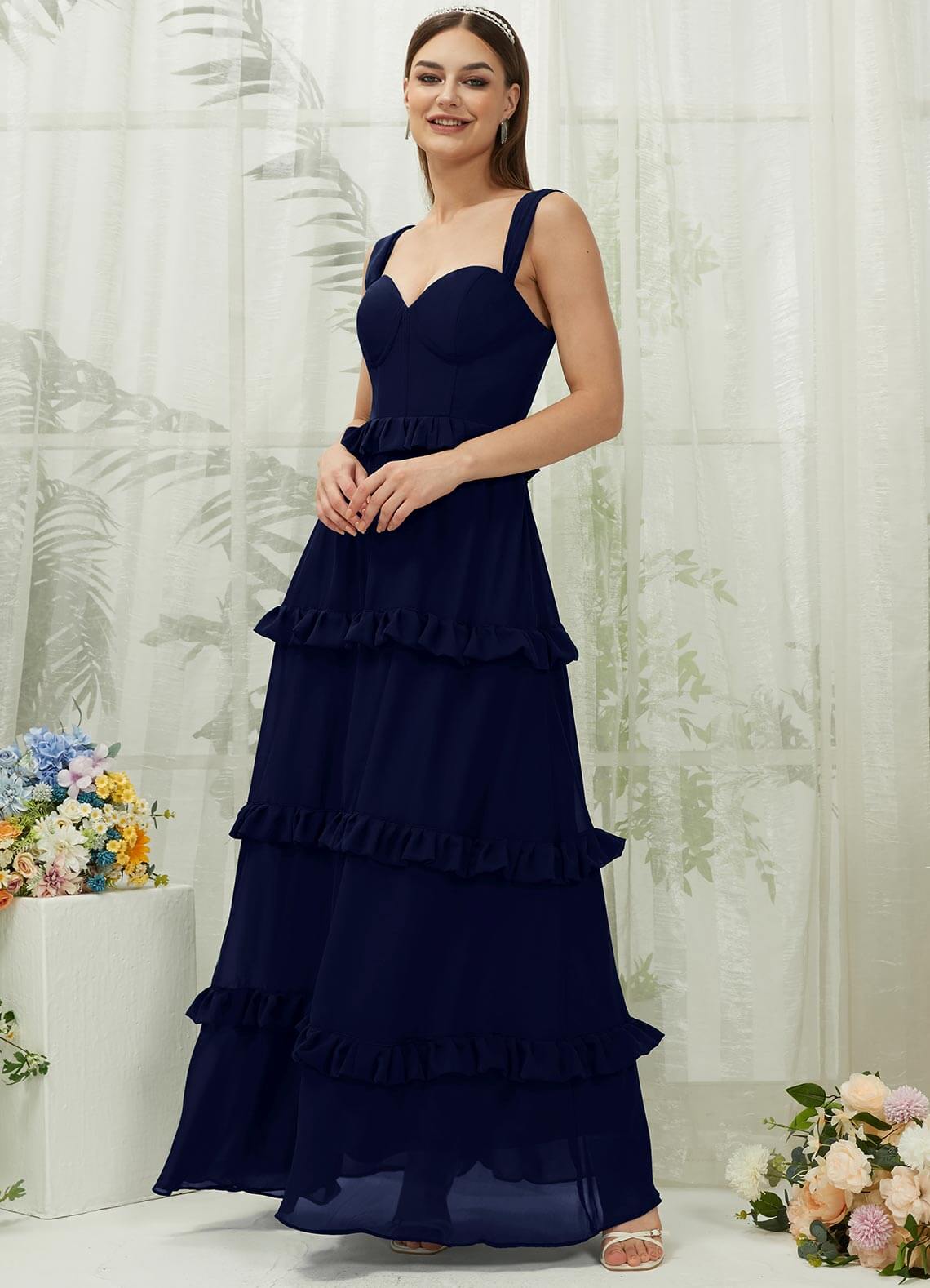 Elegant Dark Navy Chiffon Sweetheart Neckline Strapless Tiered Maxi Bridesmaid Dress - Perfect for Weddings, Formal Events & Evening Parties