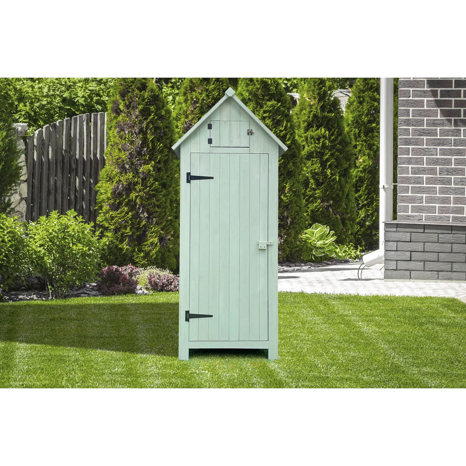 Hanover 8.7 cu. ft. Outdoor Storage Shed with Shelves & Lock - Vertical Wooden Garden Shed for Tools, Equipment & Supplies - Waterproof Fir Wood Shed in Mint Green - Perfect for Backyard, Patio & Garage Organization
