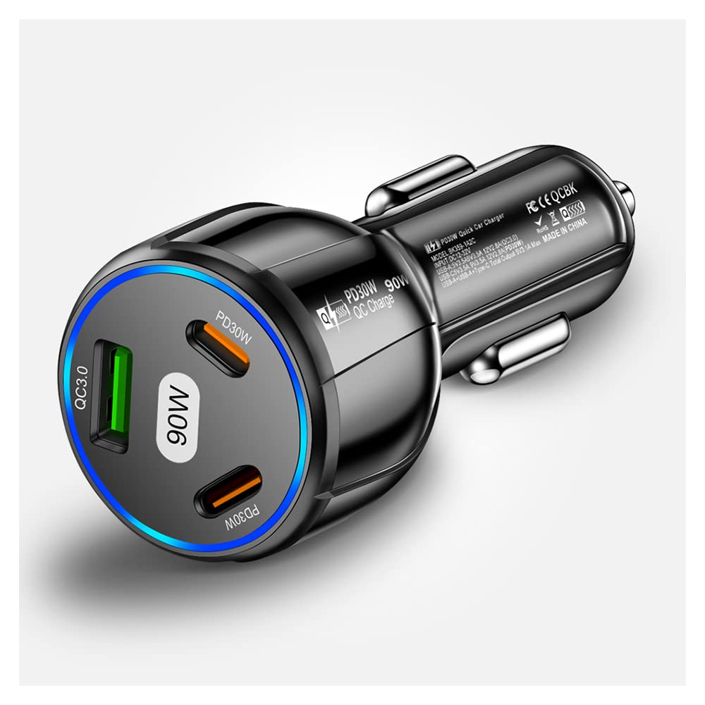 90W Super Fast USB C Car Charger - Dual PD 30W + QC3.0 Ports, 3-in-1 Charging Station with LED Display for iPhone 15/14/13/12 Pro, iPad, MacBook Pro, Samsung Galaxy - Perfect for Road Trips & Daily Commute (1USB+2PD, Black)