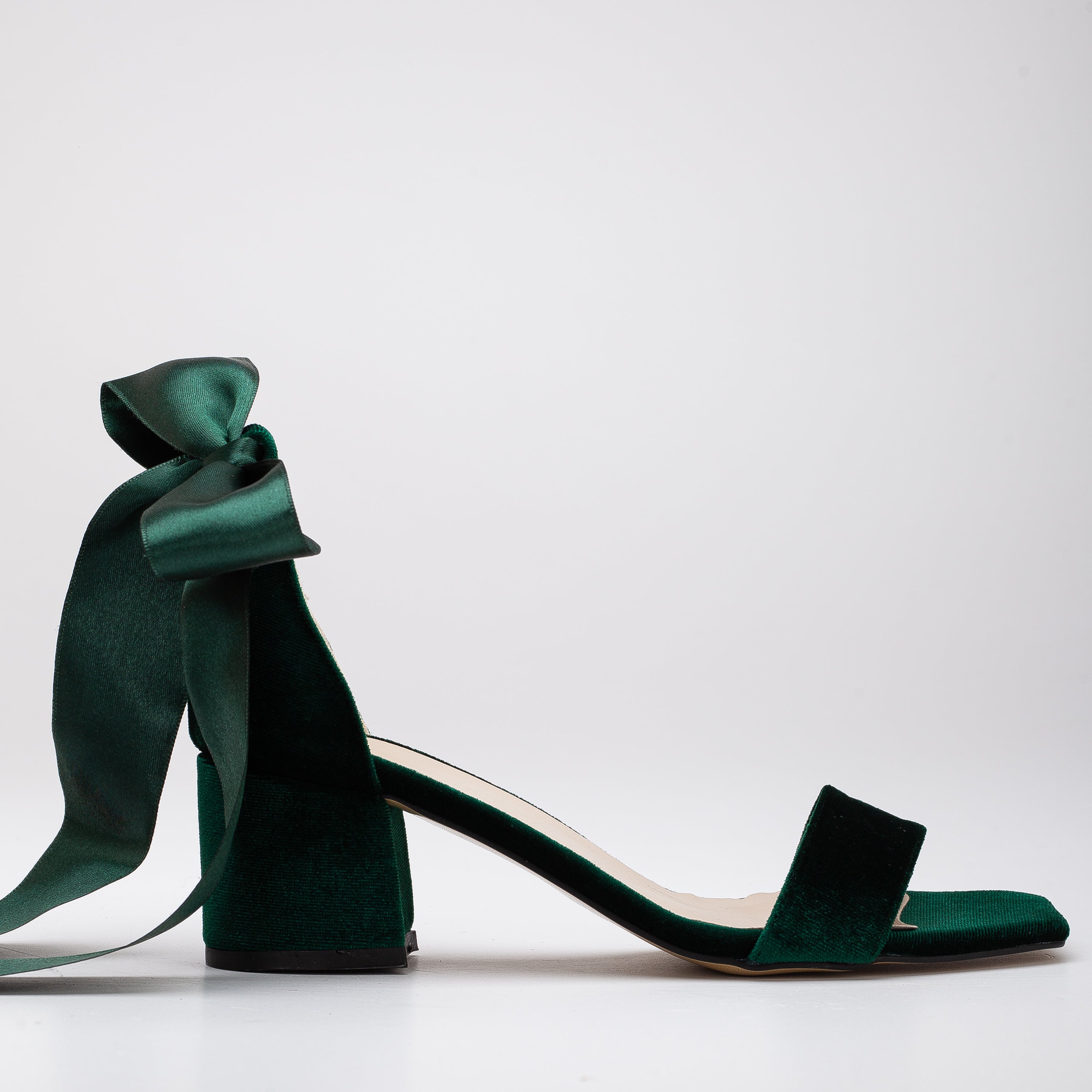 Hera Green Velvet Low Heel Sandals with Ribbon - Comfortable Women's Dress Shoes for Weddings, Parties & Special Occasions
