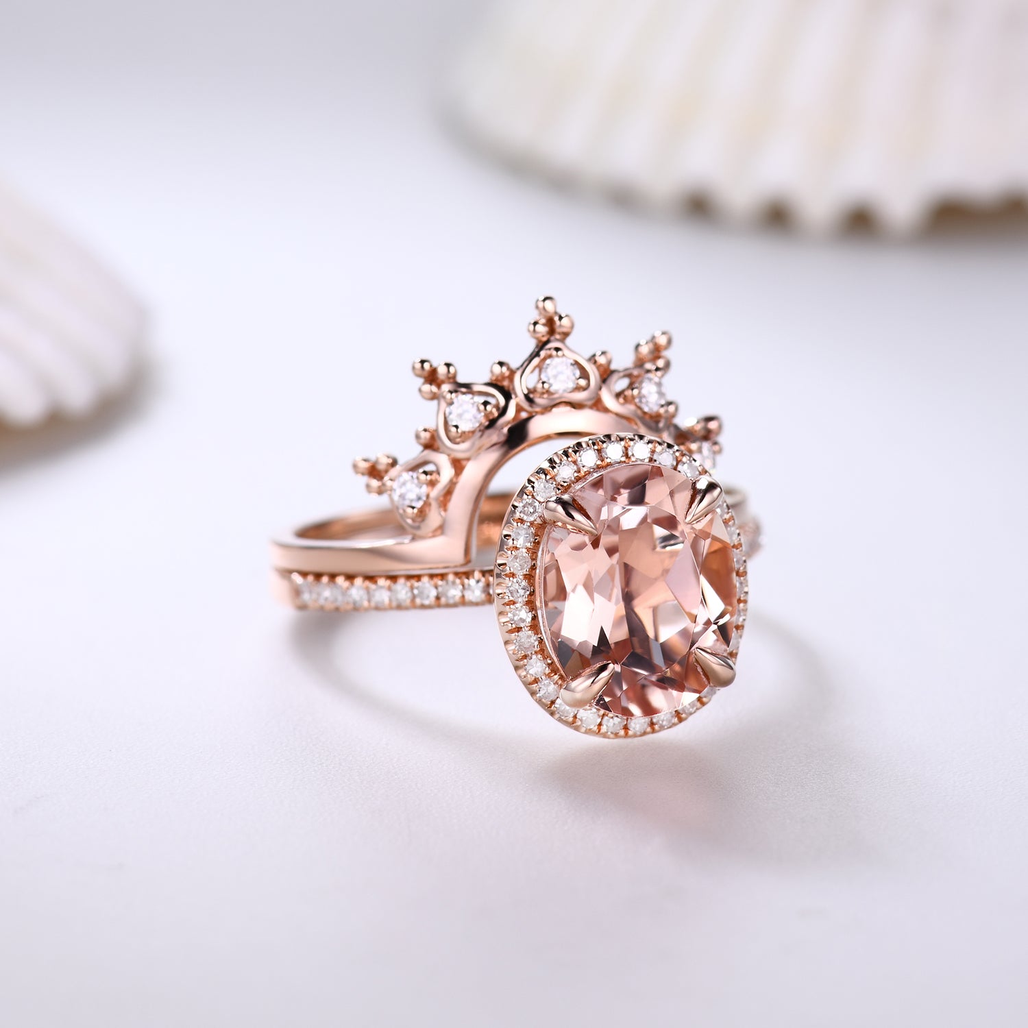 2pc Unique Oval Morganite and Diamond Bridal Ring Set - Heart Crown Petite Thin Wedding Band for Engagement, Promise & Anniversary - Perfect for Bridal Jewelry, Romantic Gifts & Special Occasions