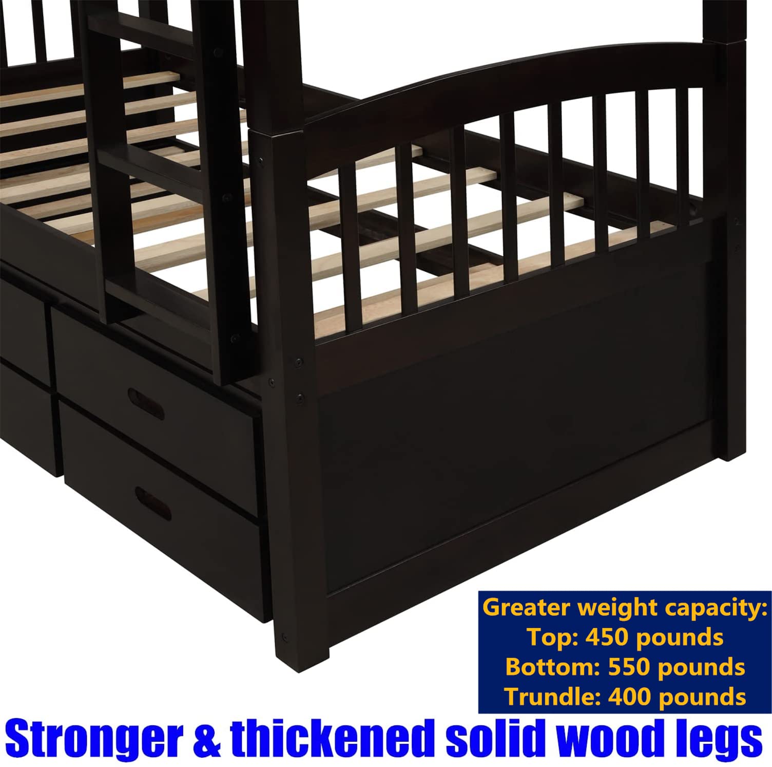 Solid Wood Twin Bunk Bed with Storage & Trundle - Heavy Duty for Kids & Adults (Espresso) - Perfect for Small Spaces & Guest Rooms
