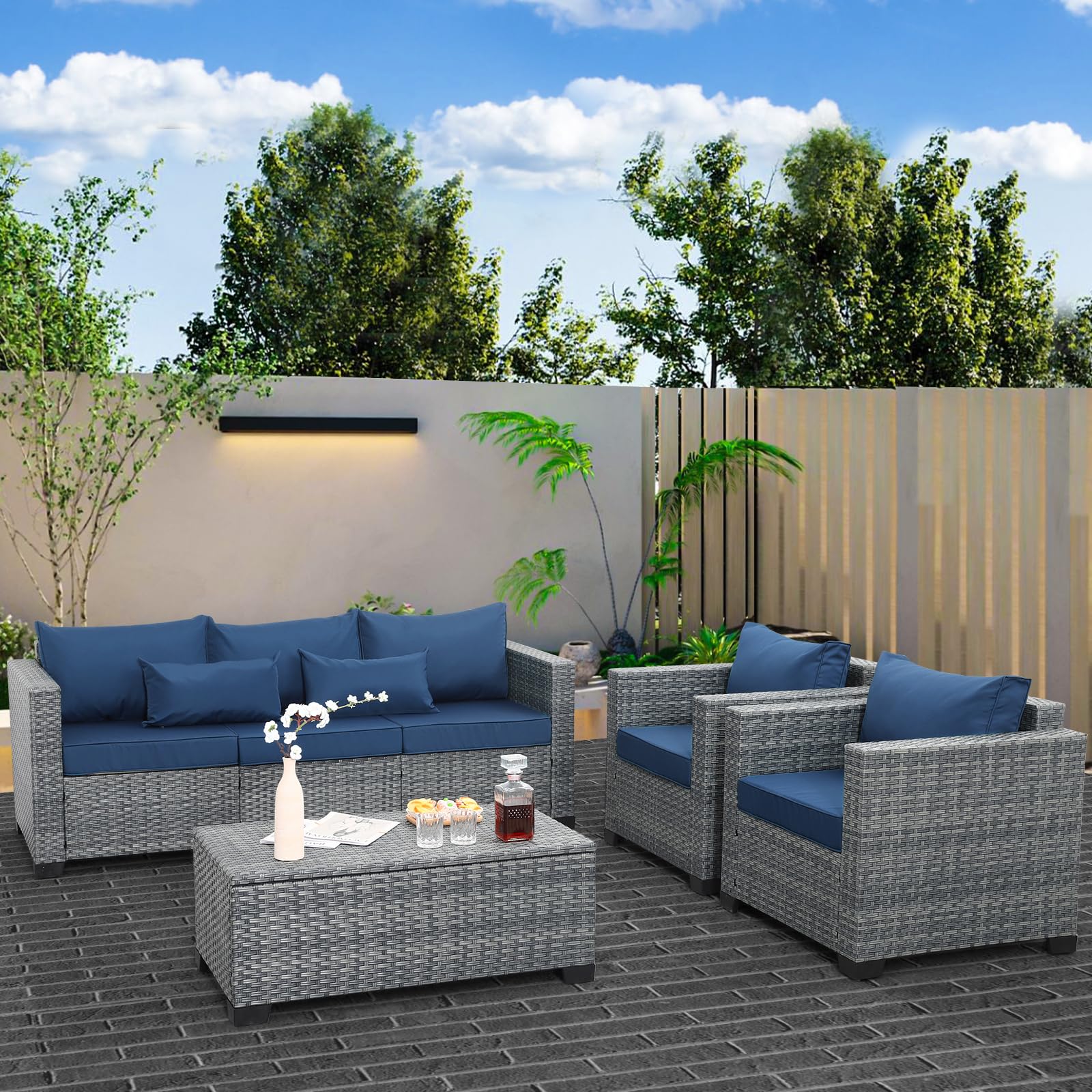 4-Piece Wicker Patio Furniture Set, Outdoor PE Rattan Sectional Sofa Conversation Set with Storage Coffee Table & Royal Blue Cushions - Perfect for Garden, Poolside, and Backyard Relaxation