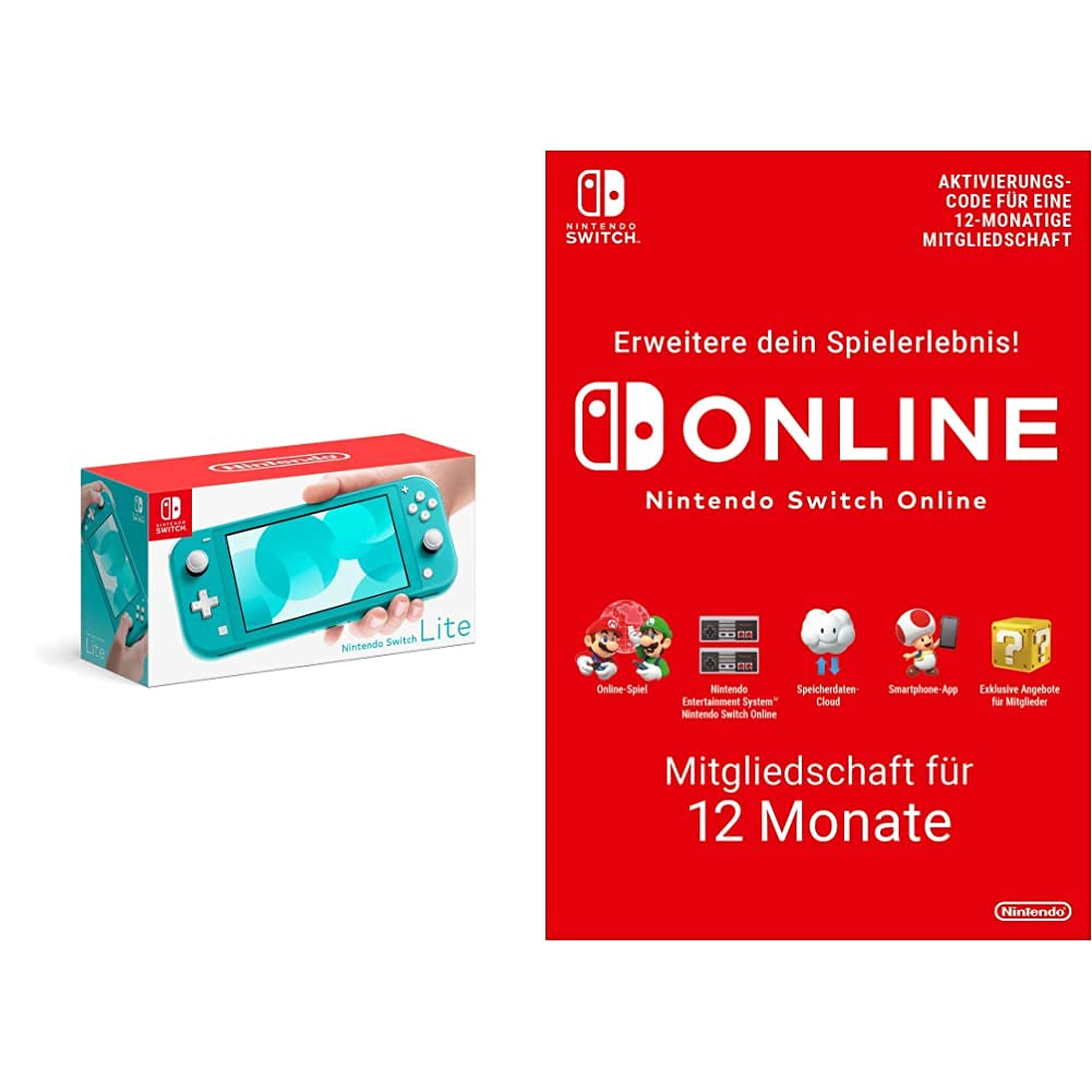 Nintendo Switch Lite Console - Standard Edition in Turquoise Blue + 12-Month Nintendo Switch Online Membership (Download Code) | Portable Gaming for Travel, Commuting & Home Entertainment