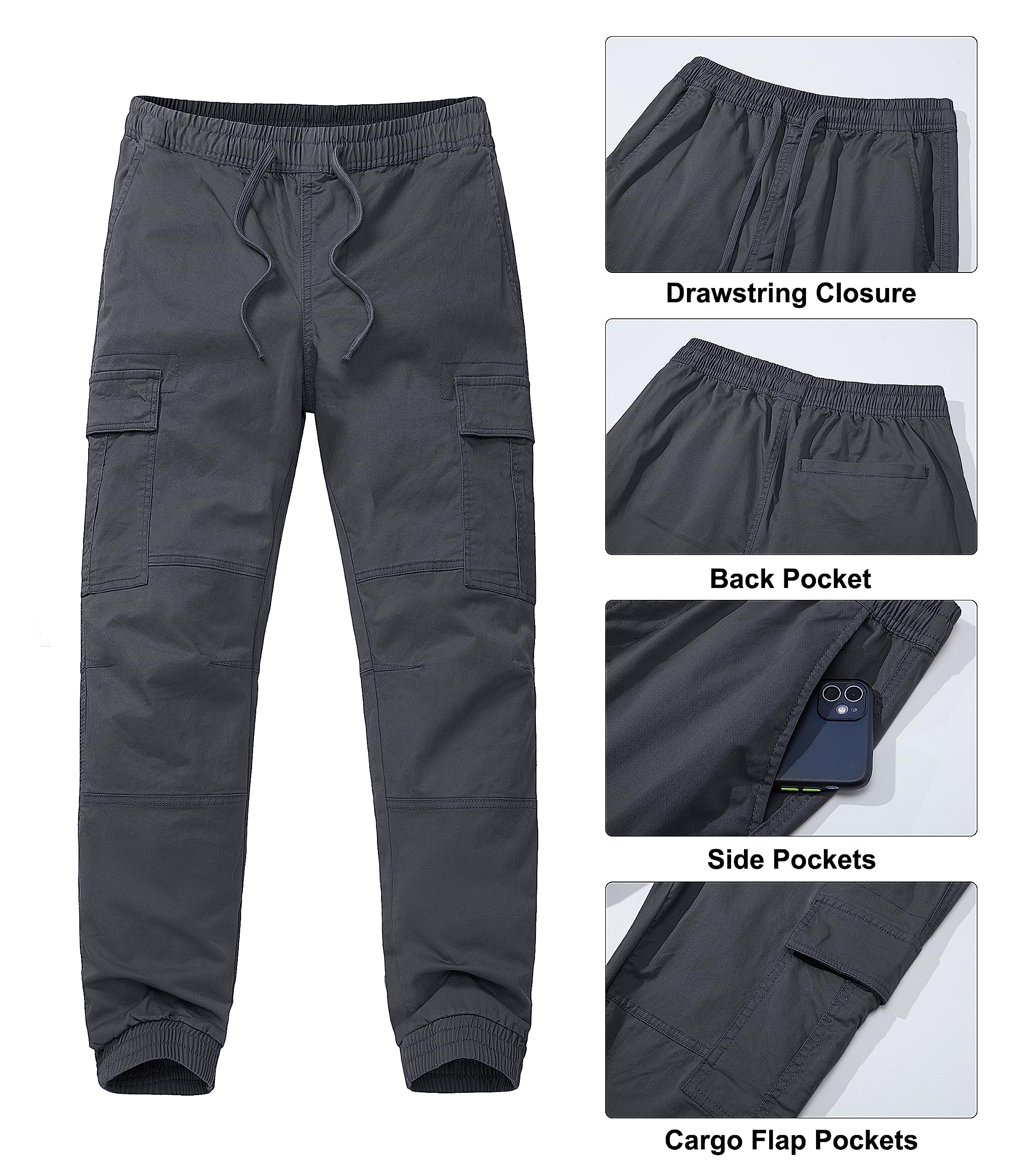 TACVASEN Men's Cotton Casual Cargo Pants - Lightweight Stretch Work Hiking Outdoor Pants with Elastic Waist & 5 Pockets - Perfect for Work, Travel, and Outdoor Adventures