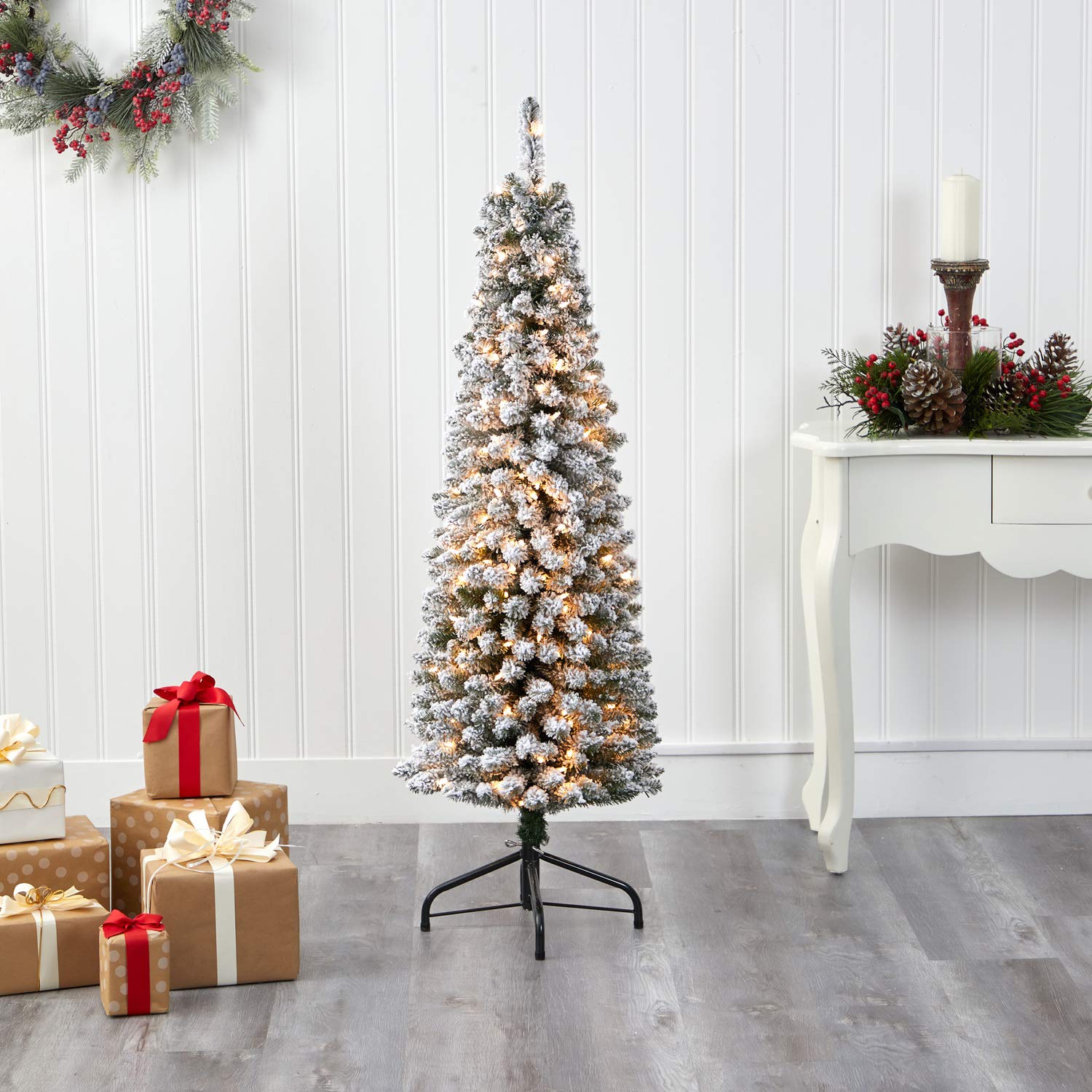 Nearly Natural 5ft Flocked Pencil Artificial Christmas Tree with 200 Clear Lights & 318 Bendable Branches | Slim Holiday Decor for Small Spaces, Apartments & Office Christmas Decorations