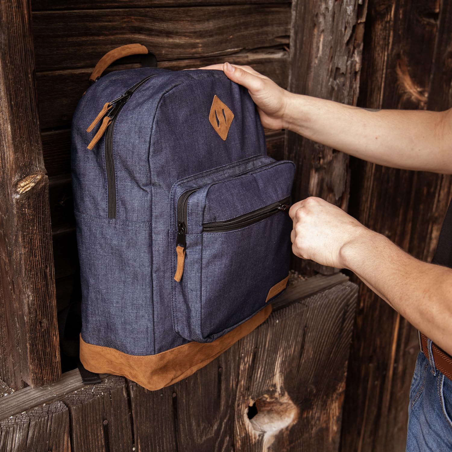 Wrangler Yellowstone Genuine Denim Backpack - Durable Travel Daypack with Padded Laptop Sleeve (15.6 Inch), Classic Logo Design - Navy Blue Denim - Perfect for School, Work, Hiking & Outdoor Adventures