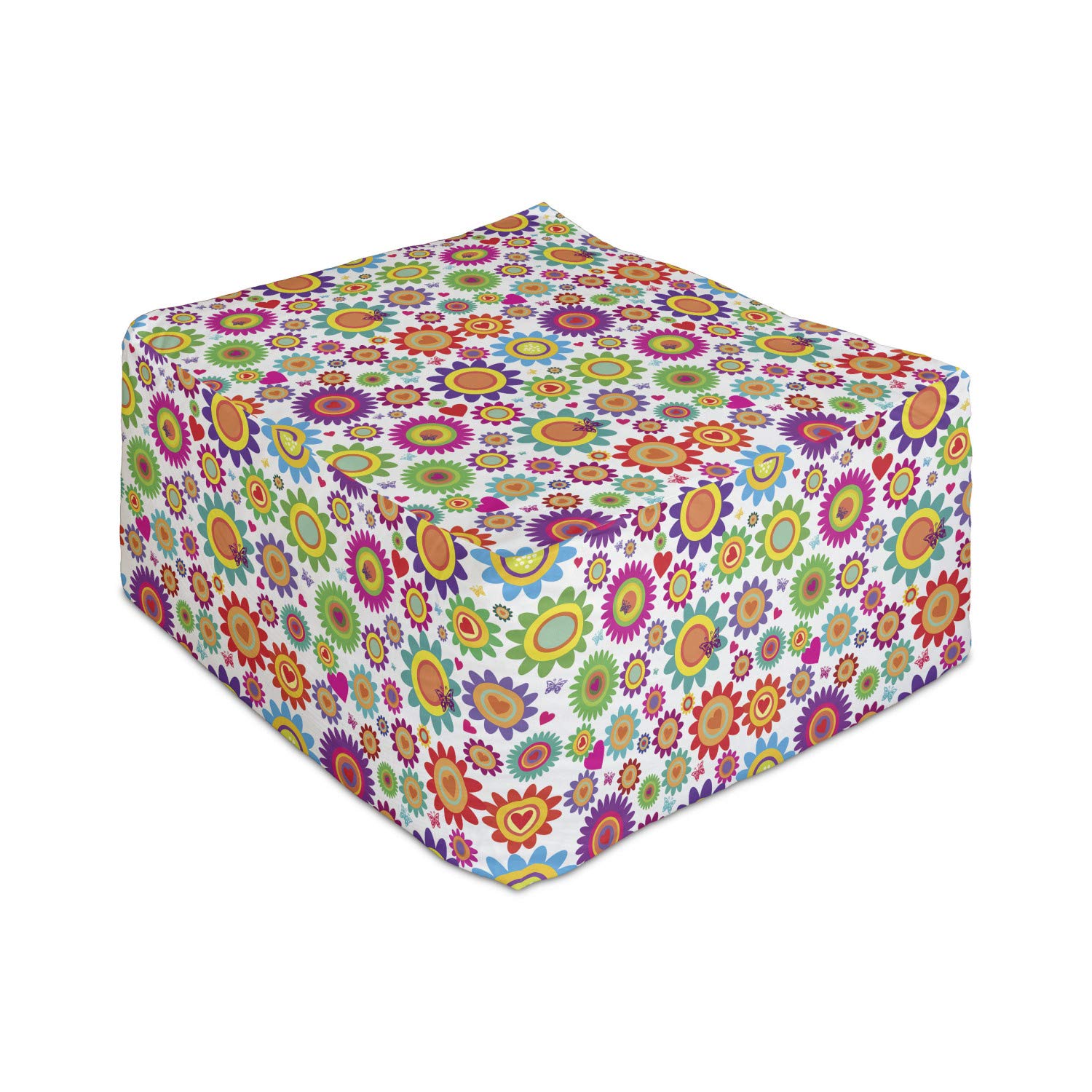 Ambesonne Easter Rectangle Pouf - Colorful Chamomile & Hearts Nature Theme Foot Stool Ottoman with Removable Cover, 25