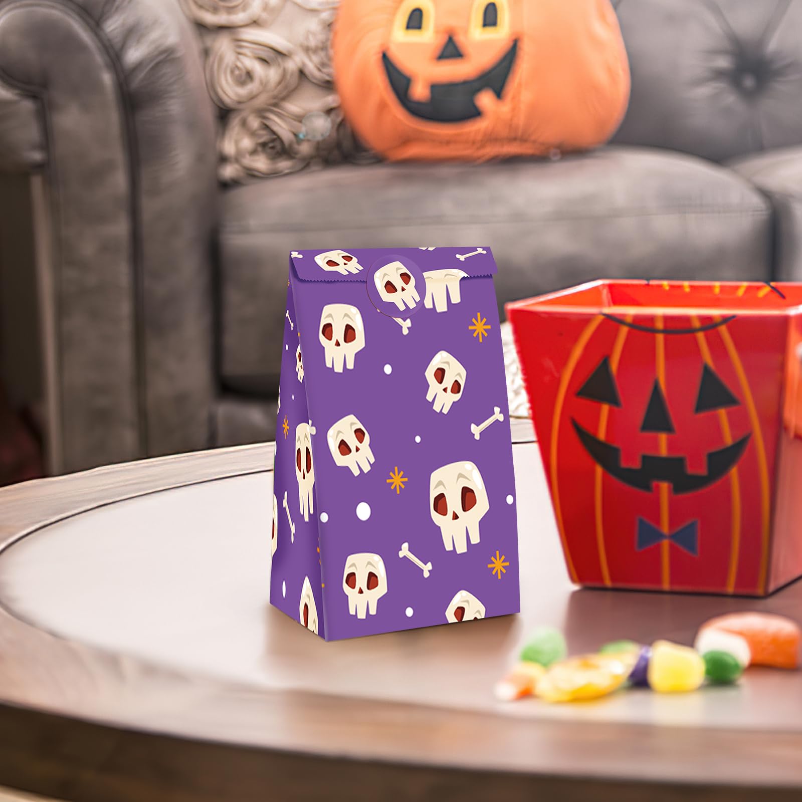 JOHOUSE 54PCS Halloween Candy Bags Bulk - Small Paper Treat Bags with Sealing Stickers for Trick or Treat, Party Favors, Classroom Treats & Halloween Party Decorations