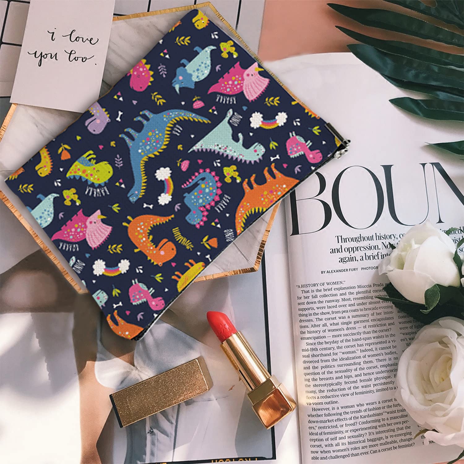 **YUMQSEOS Large Makeup Bag for Women - Travel Cosmetic Organizer with Zipper, 7x10 Inch Cute Dinosaur Design - Perfect for Travel, Gym & Daily Essentials Storage**