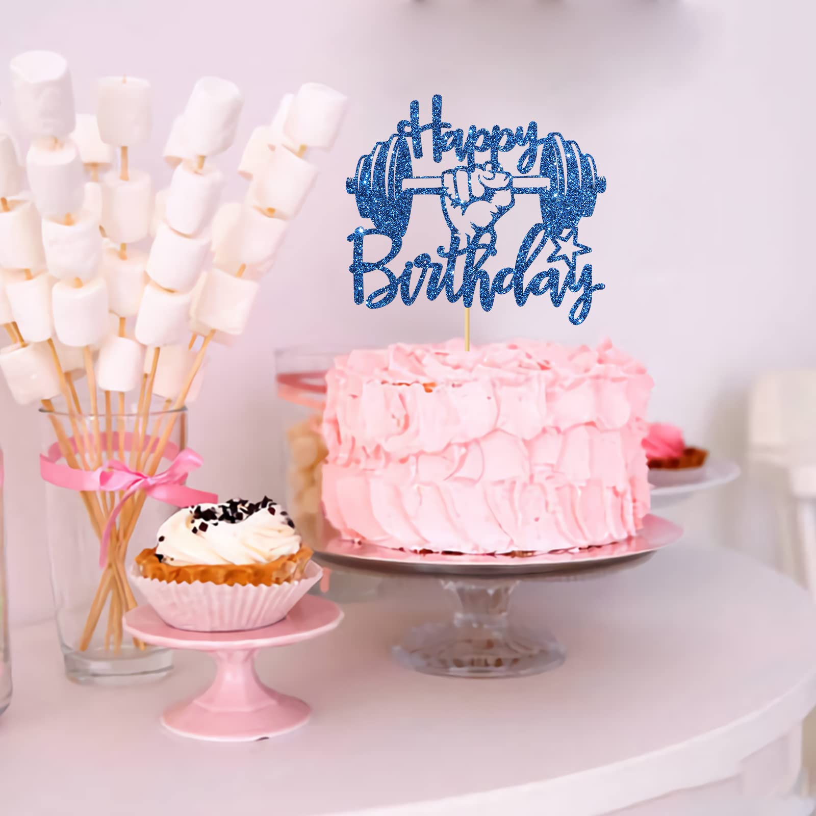 MonMon & Craft Weightlifting Happy Birthday Cake Topper - Weight Lifter Party Decor for Boys & Girls - Blue Glitter Fitness Gym Cake Decoration - Perfect for Sports Themed Birthday Parties & Gym Celebrations