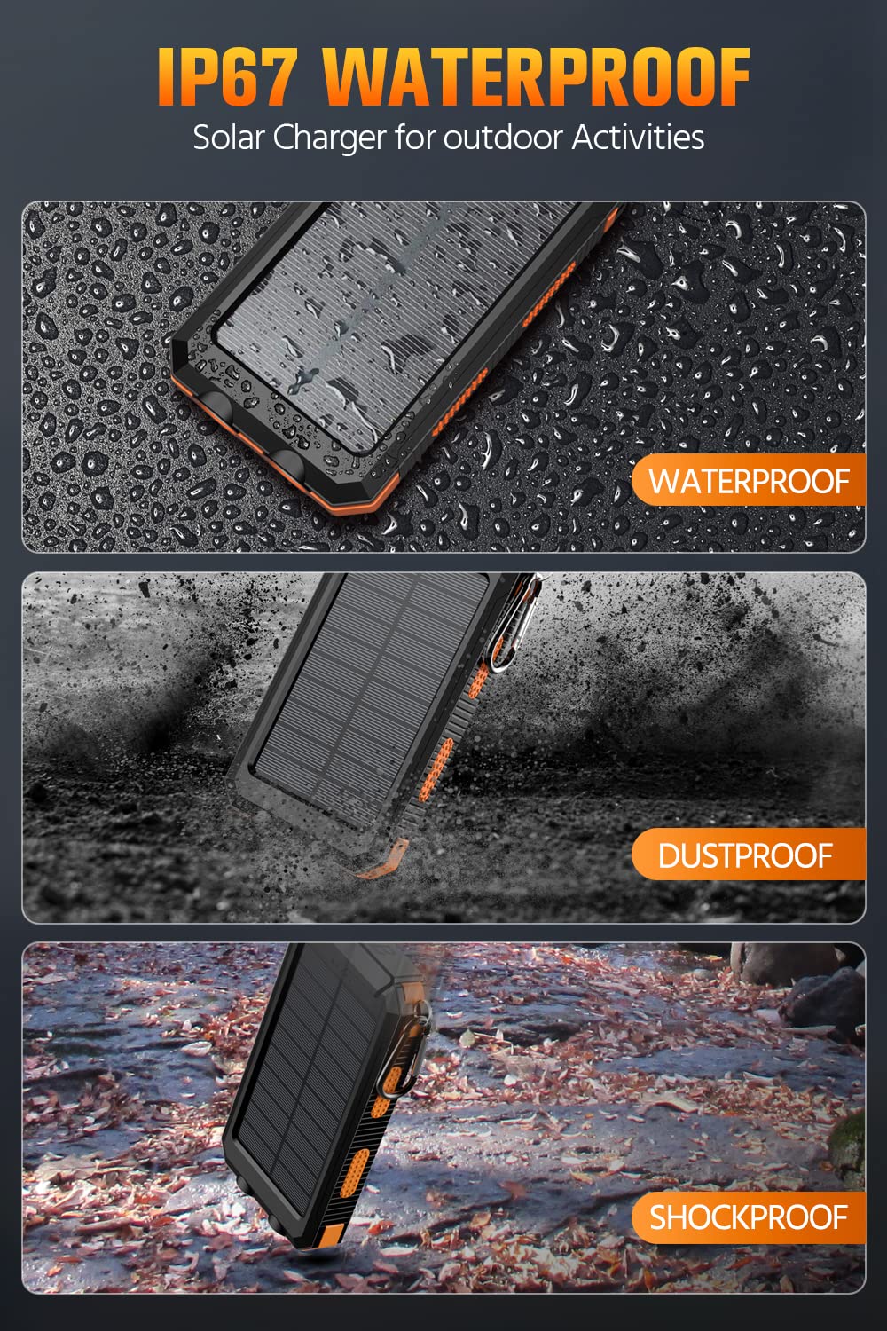 Feeke 36800mAh Solar Power Bank with QC3.0 Fast Charging, Dual USB Ports, Built-in LED Flashlight & Compass - Portable Charger for iPhone, Samsung, Android Phones & Electronic Devices (Orange) - Perfect for Camping, Hiking, Travel & Emergency Power Backup