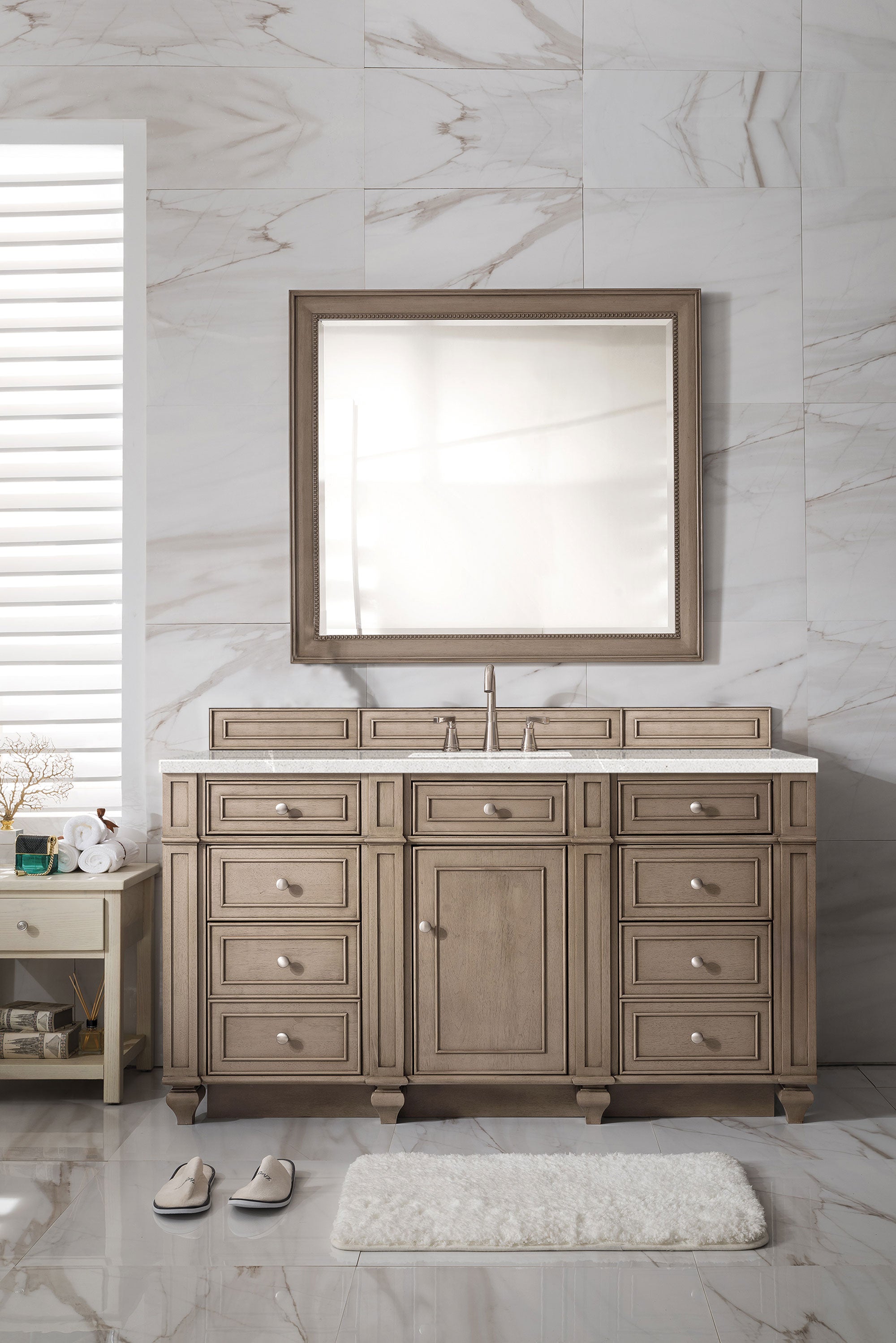 Bristol 60 Inch Single Bathroom Vanity with Whitewashed Walnut Finish and 3CM Eternal Serena Quartz Countertop - Perfect for Modern Master Bathrooms and Powder Rooms