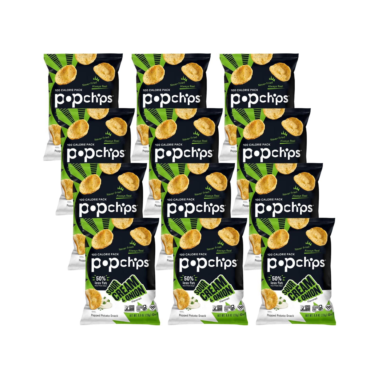 Popchips Sour Cream & Onion Potato Chips - 24 Pack of 0.8oz Single Serve Bags | Low Calorie, Gluten Free & Kosher Certified | Healthy Snacks for Adults & Kids | Perfect for Lunchboxes, Parties & On-the-Go Snacking