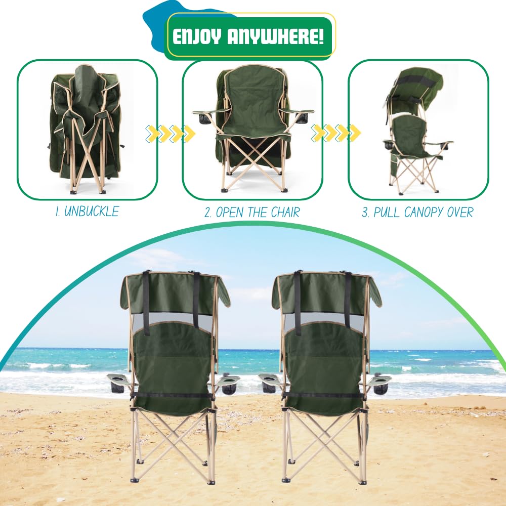 EZONE Folding Canopy Camp Chair - Portable Outdoor Shade Chair for Camping, Beach, Pool, Tailgating & Travel - UPGRADED Sunshade Lawn Chair with Adjustable Canopy (Olive Green) - Perfect for Picnics, Backyard Relaxation & Outdoor Adventures
