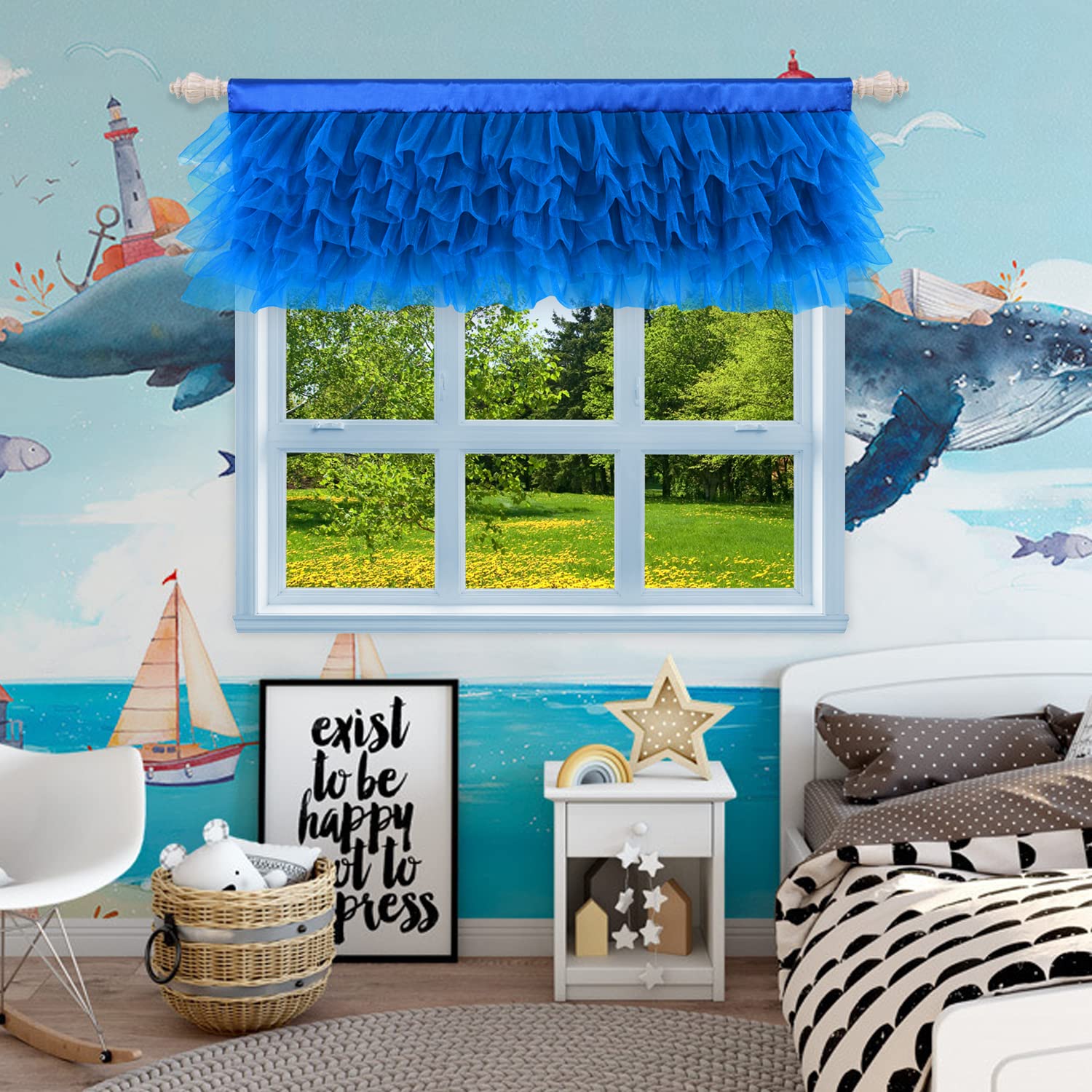 Besutolife Blue Tulle Valance Curtain - Ruffled Window Valance for Baby Boy Nursery, Home Decor, Birthday Party & Special Events - Elegant Window Treatment for Nursery Room & Bedroom Decorations