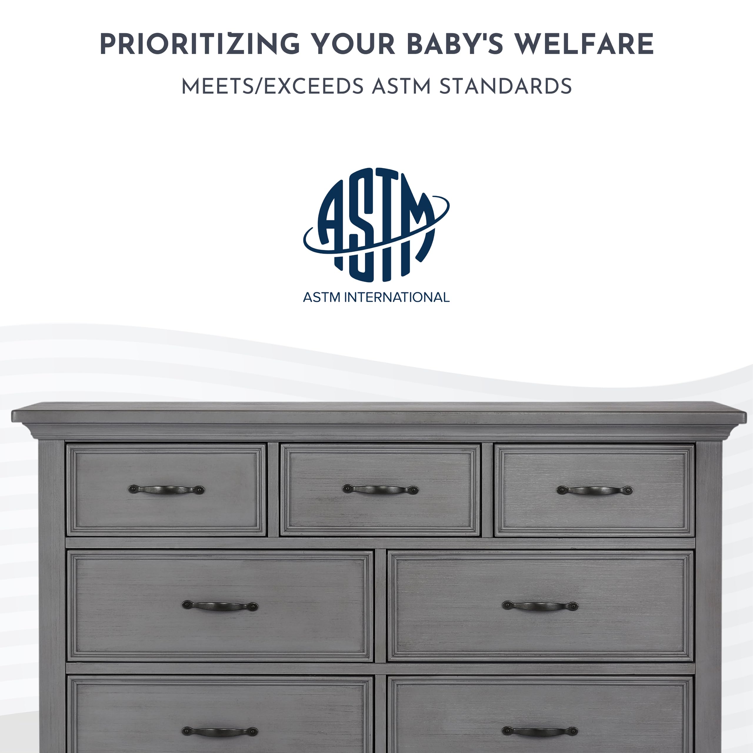 Evolur Belmar Double Dresser in Rustic Grey - 7 Spacious Drawers, Assembled with Anti-Tip Kit | Solid Wood Nursery & Bedroom Dresser for Baby Room, Kids Bedroom, and Guest Room Organization