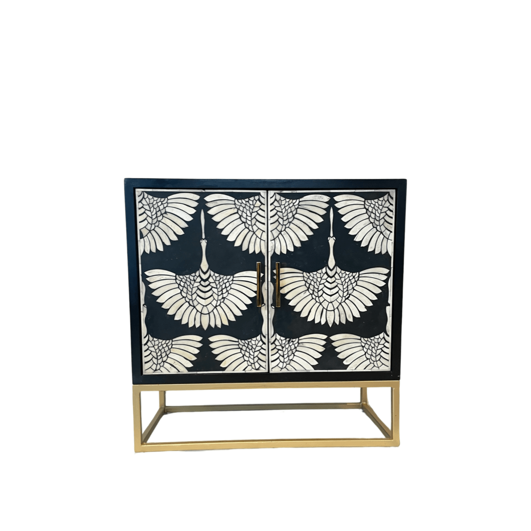 Handmade Bone Inlay Black Ibis Swan Cabinet - Vintage Boho Style Wooden Storage Furniture for Living Room, Bedroom & Home Decor